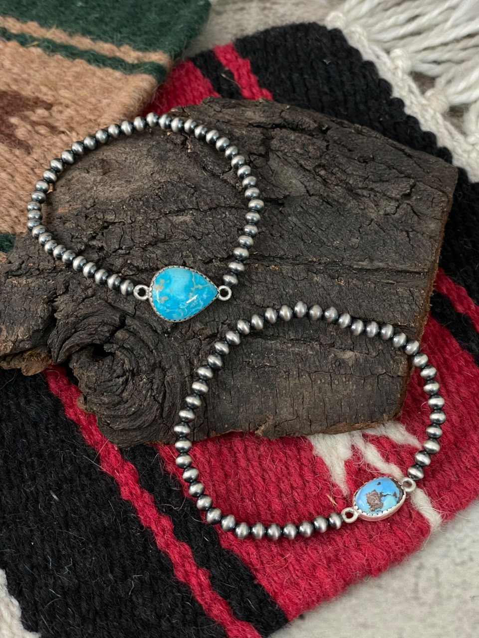 Handmade Sterling Silver Golden Hills and Sierra Bella Turquoise Stretchy Beaded Bracelet Signed Nizhoni