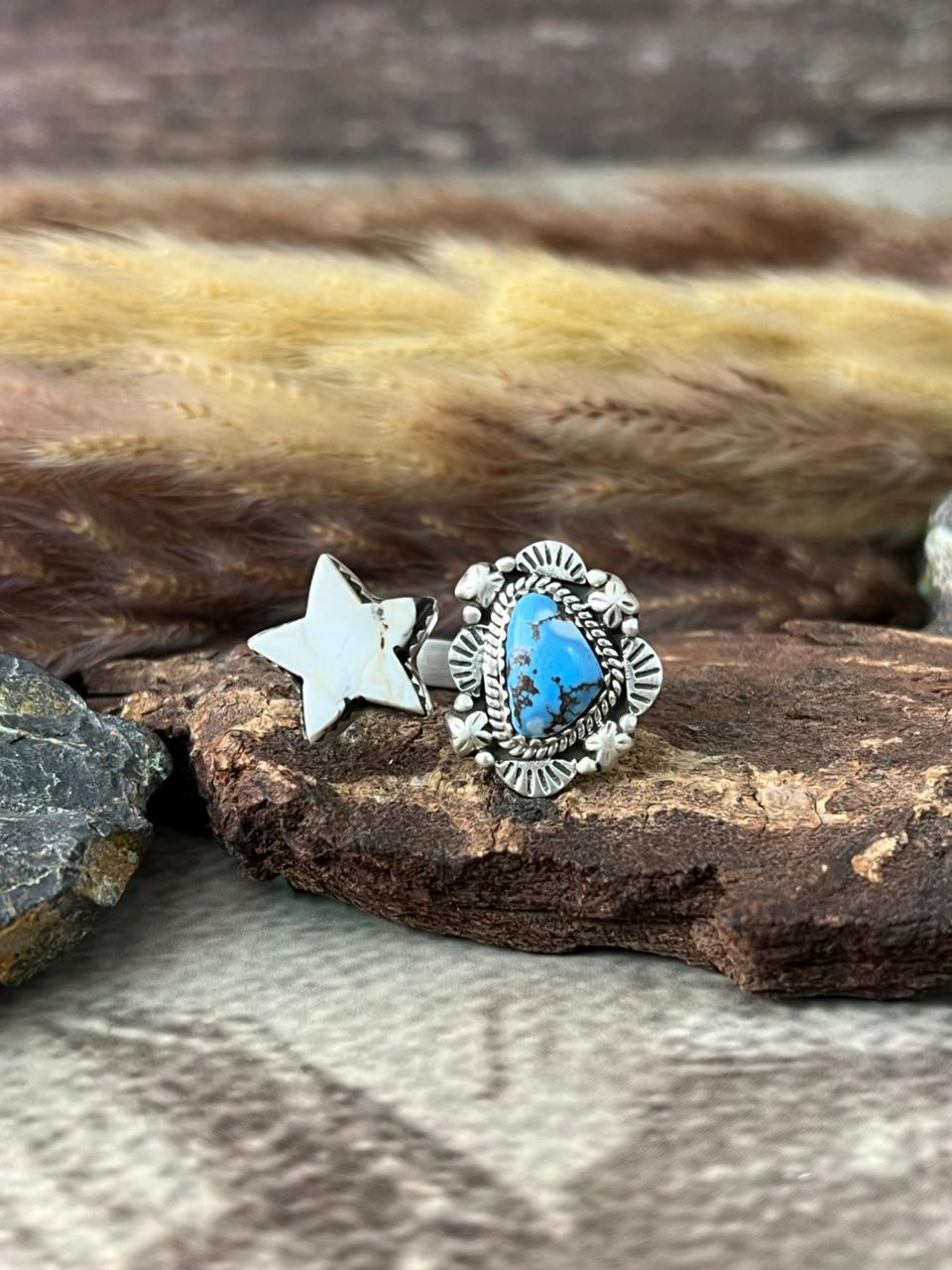 Handmade Sterling Silver Golden Hills with White Buffalo Adjustable Ring "Signed Nizhoni"