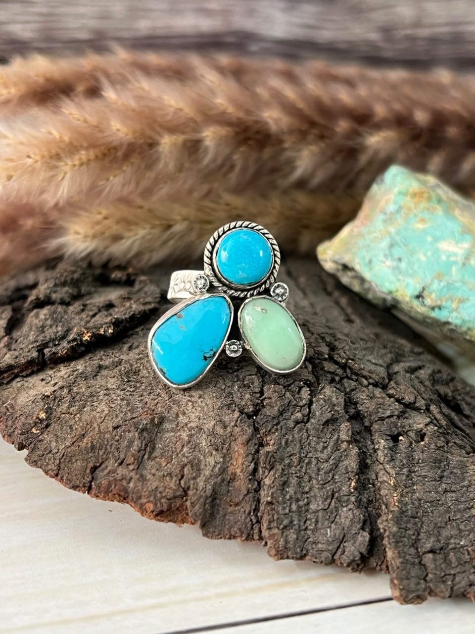 Handmade Sterling Silver Paloma with Blue Kingman Turquoise Adjustable Ring Signed Nizhoni