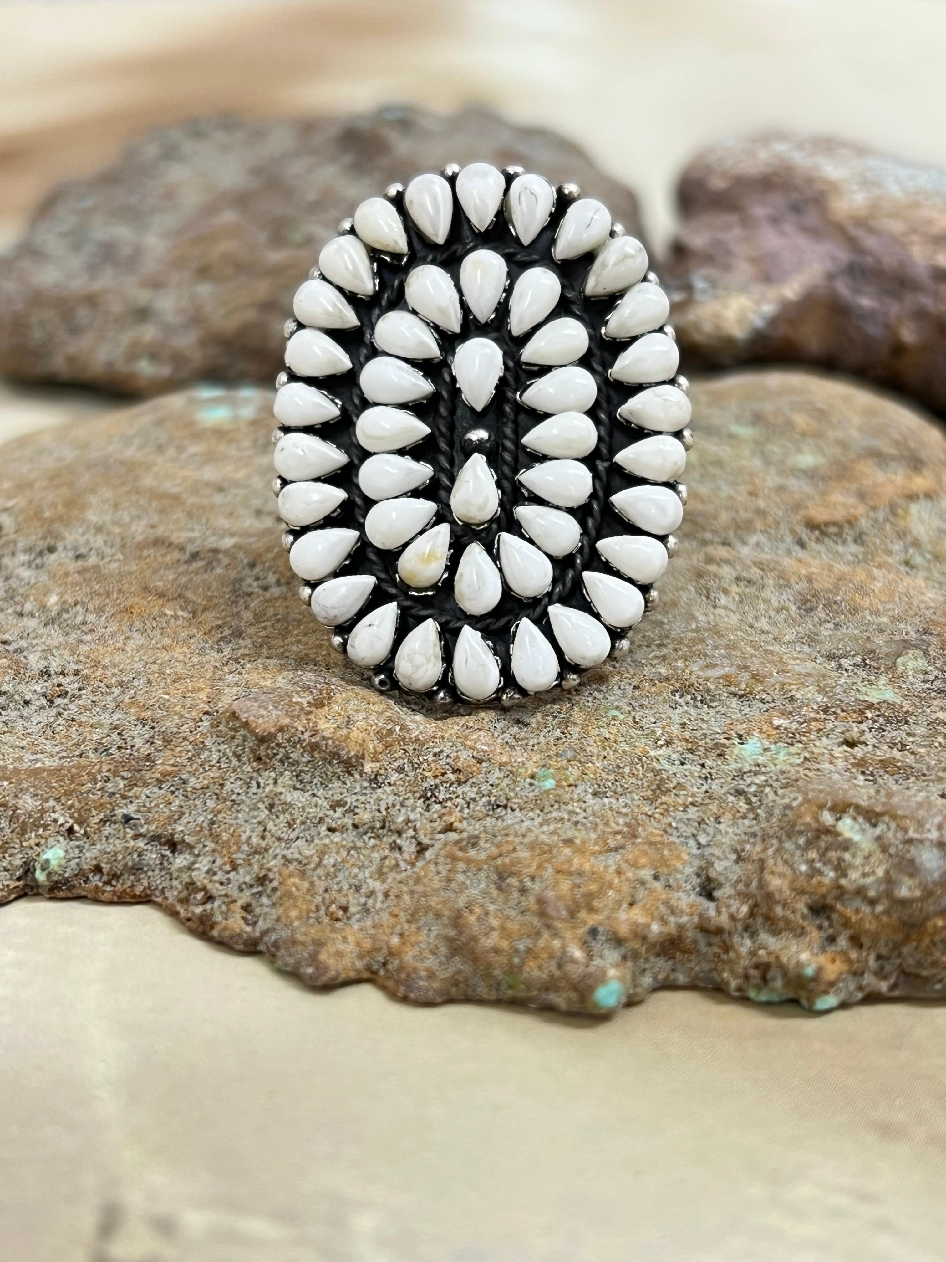 Handmade Sterling Silver White Buffalo Turquoise Adjustable Ring with Signed Nizhoni (1)
