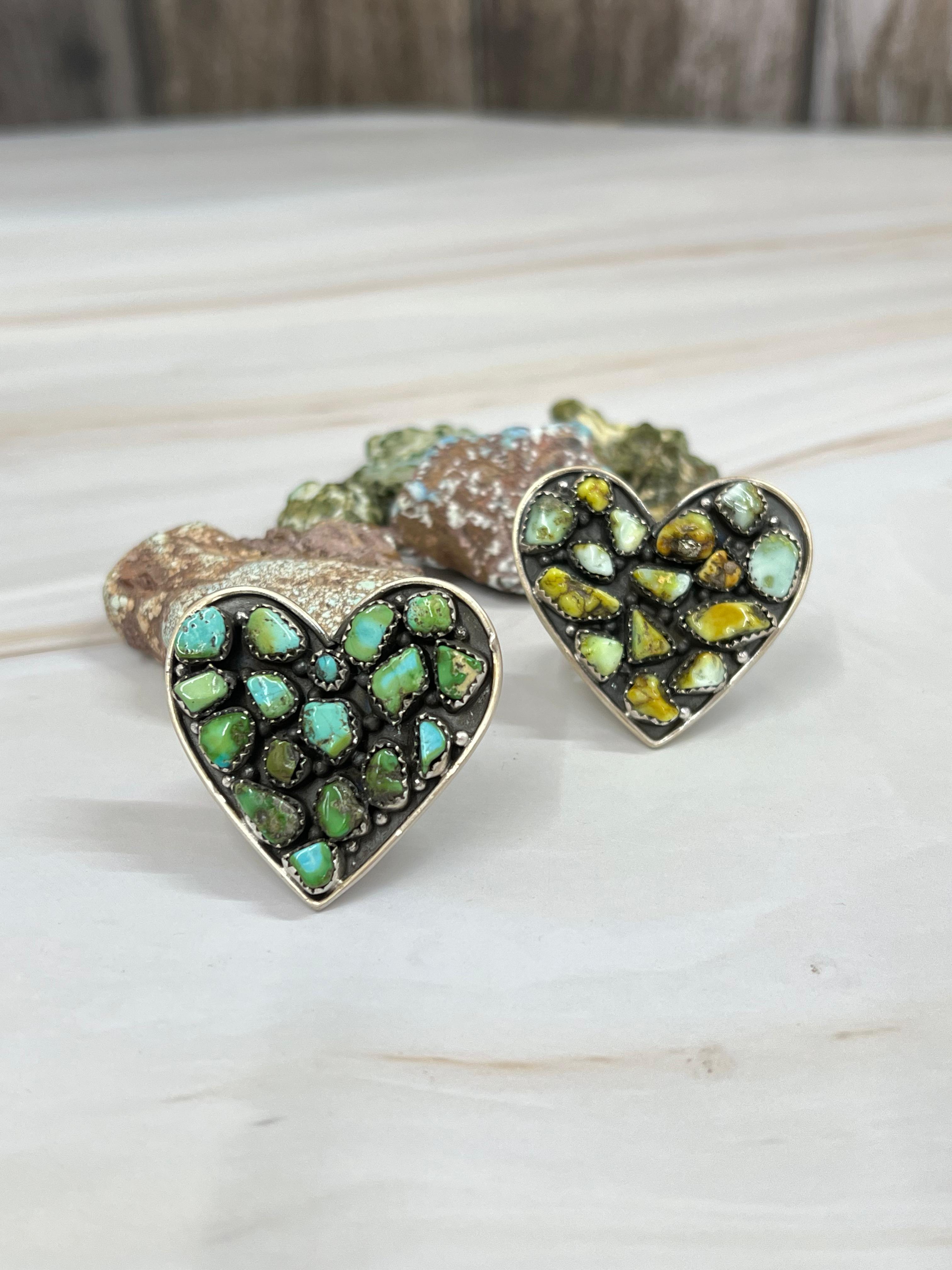 Handmade Sterling Silver Palomino, Sonoran Mountain Turquoise Heart Adjustable Ring with Signed Nizhoni