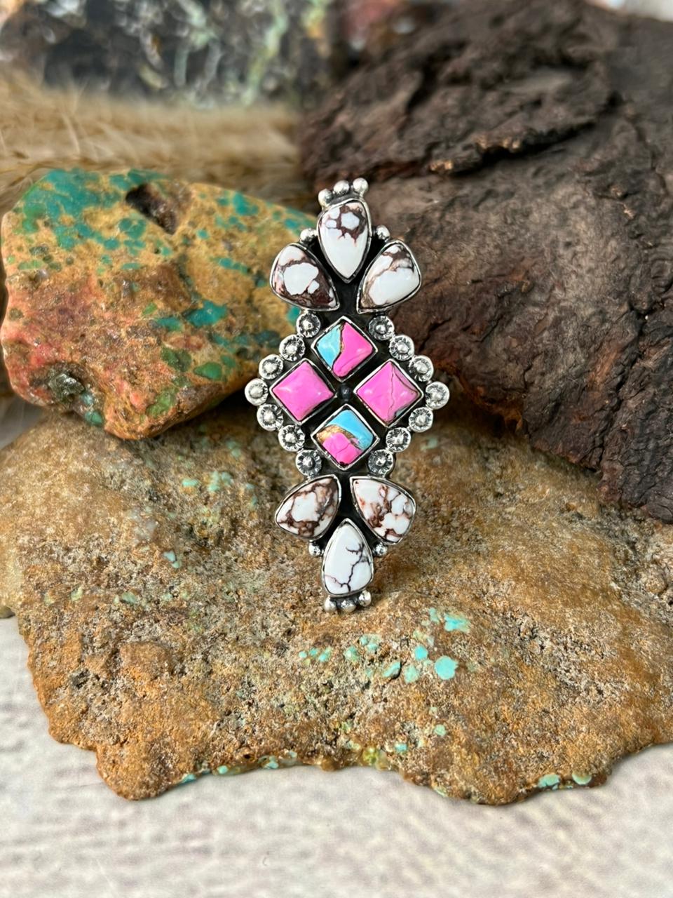 Handmade Sterling Silver Cotton Candy with Wild horse Magnesite Adjustable Ring "Signed Nizhoni"