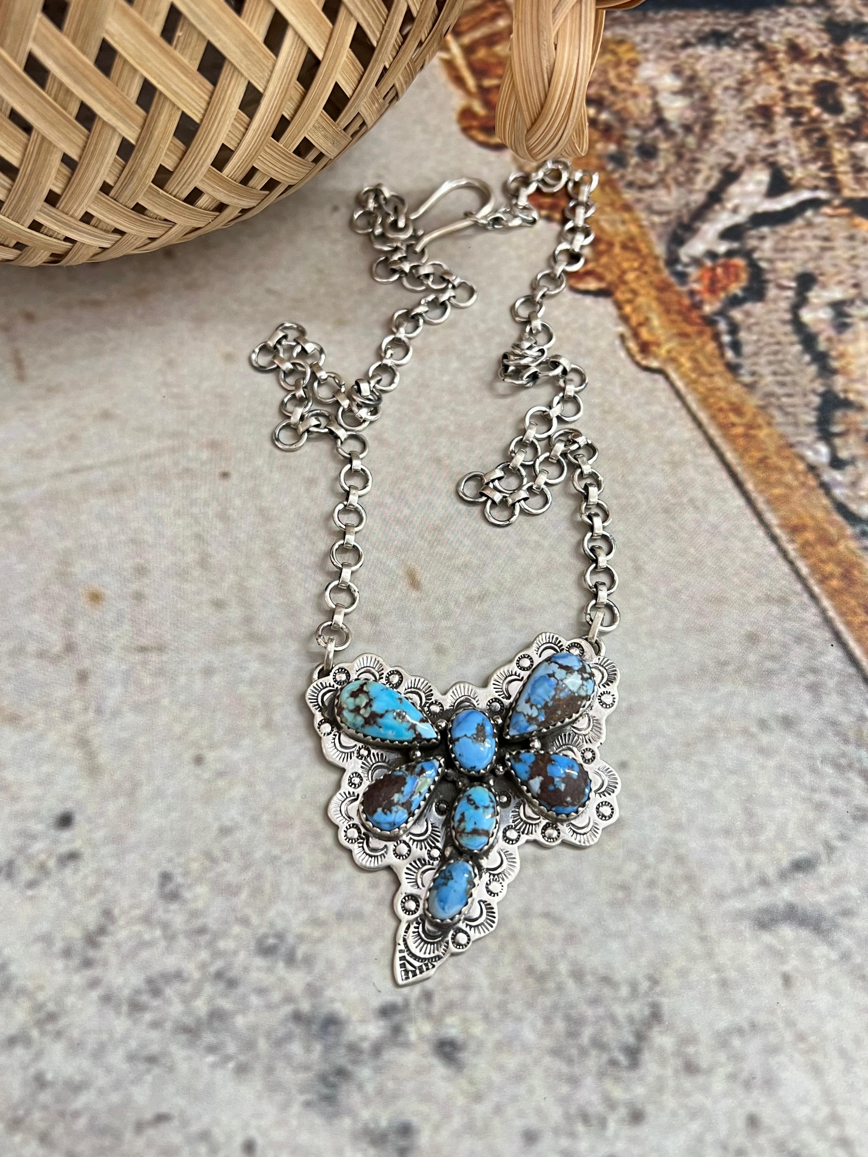 Handmade Sterling Silver Golden Hills Turquoise Dragonfly Necklace with Signed Nizhoni