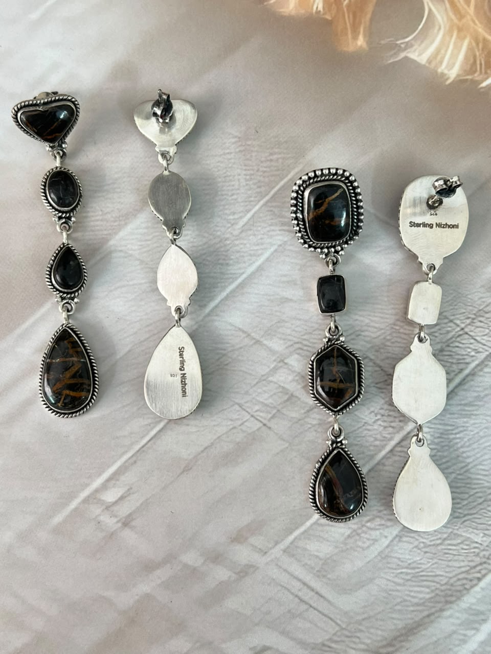 Handmade Sterling Silver Blackjack Turquoise Collection: Post Dangle Earrings Signed Nizhoni