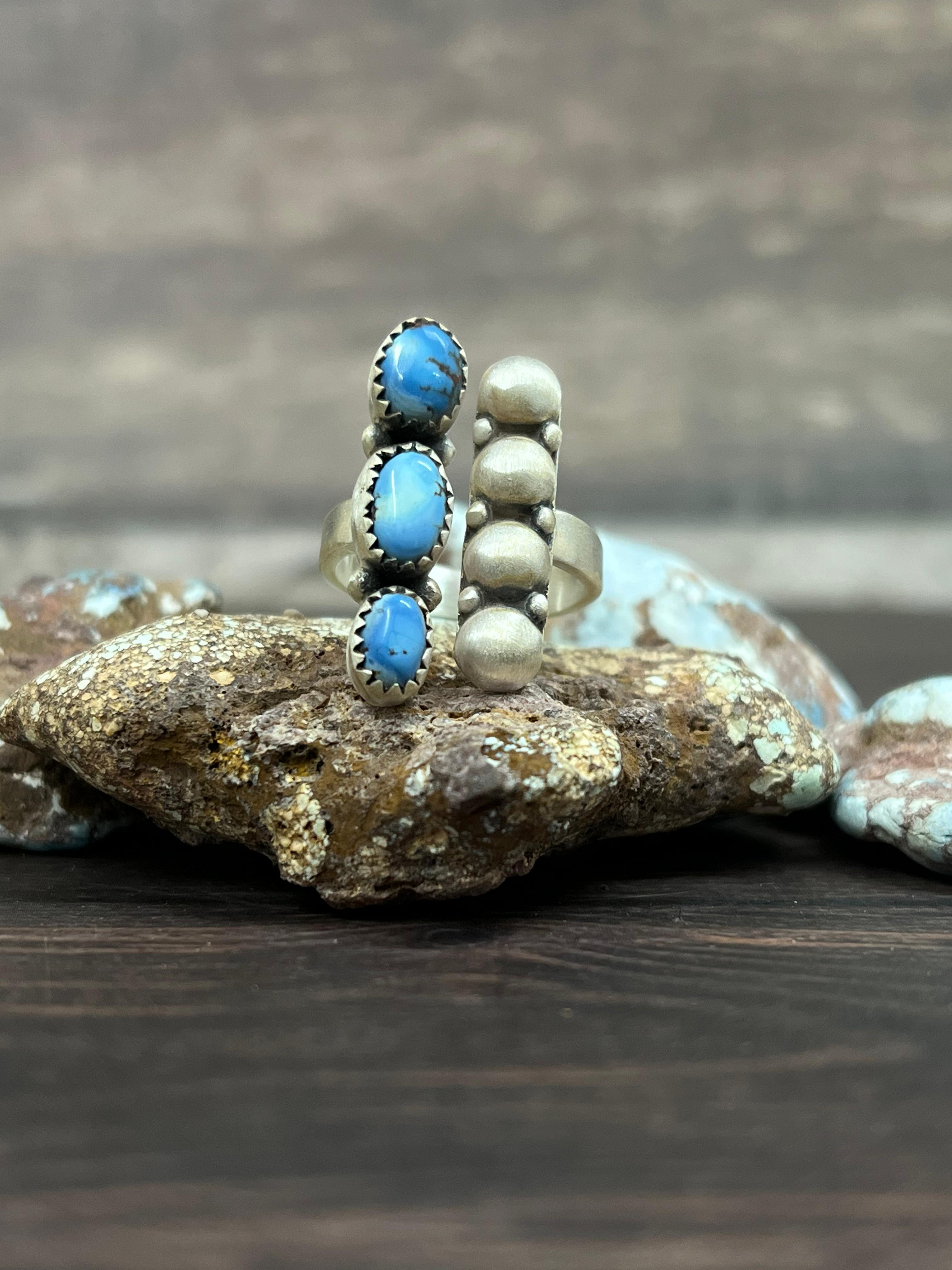 Handmade Sterling Silver with Golden Hills Turquoise Adjustable Ring With Signed Nizhoni