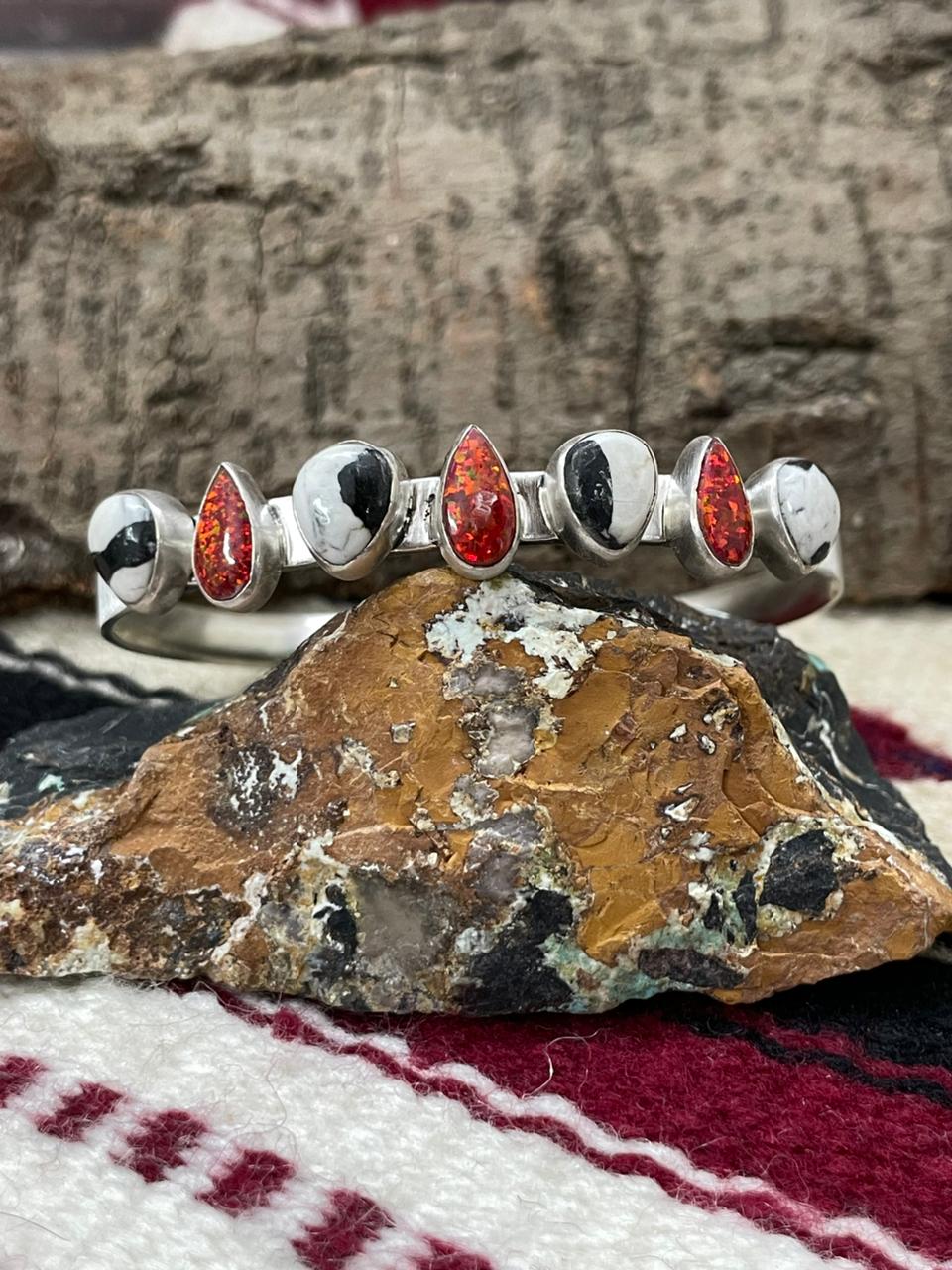 "Christmas Collection" Handmade Sterling Silver White Buffalo With Red Opal Cuff Bracelet "Signed Nizhoni"