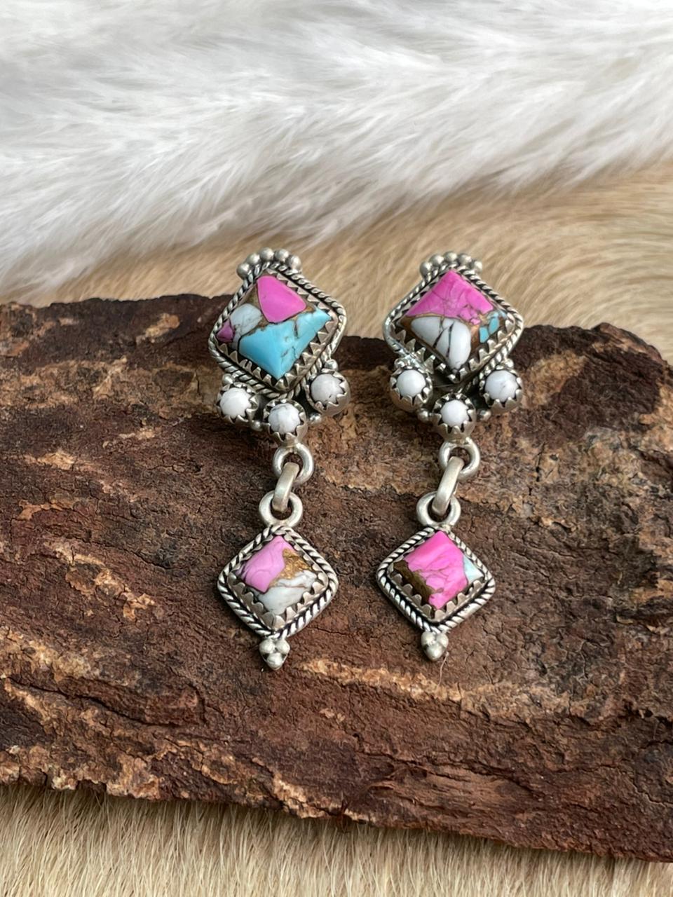 Handmade Sterling Silver Cotton Candy Post Dangle Earrings "Signed Nizhoni"
