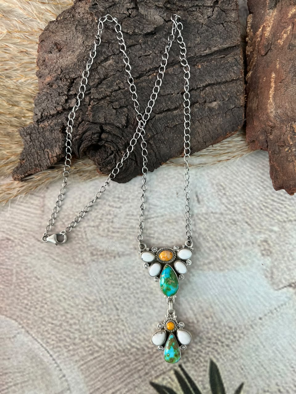 Handmade Sterling Silver Sonoran Mountain Turquoise with Bumblebee and White Buffalo Spring Collection: Drop Necklace Signed Nizhoni