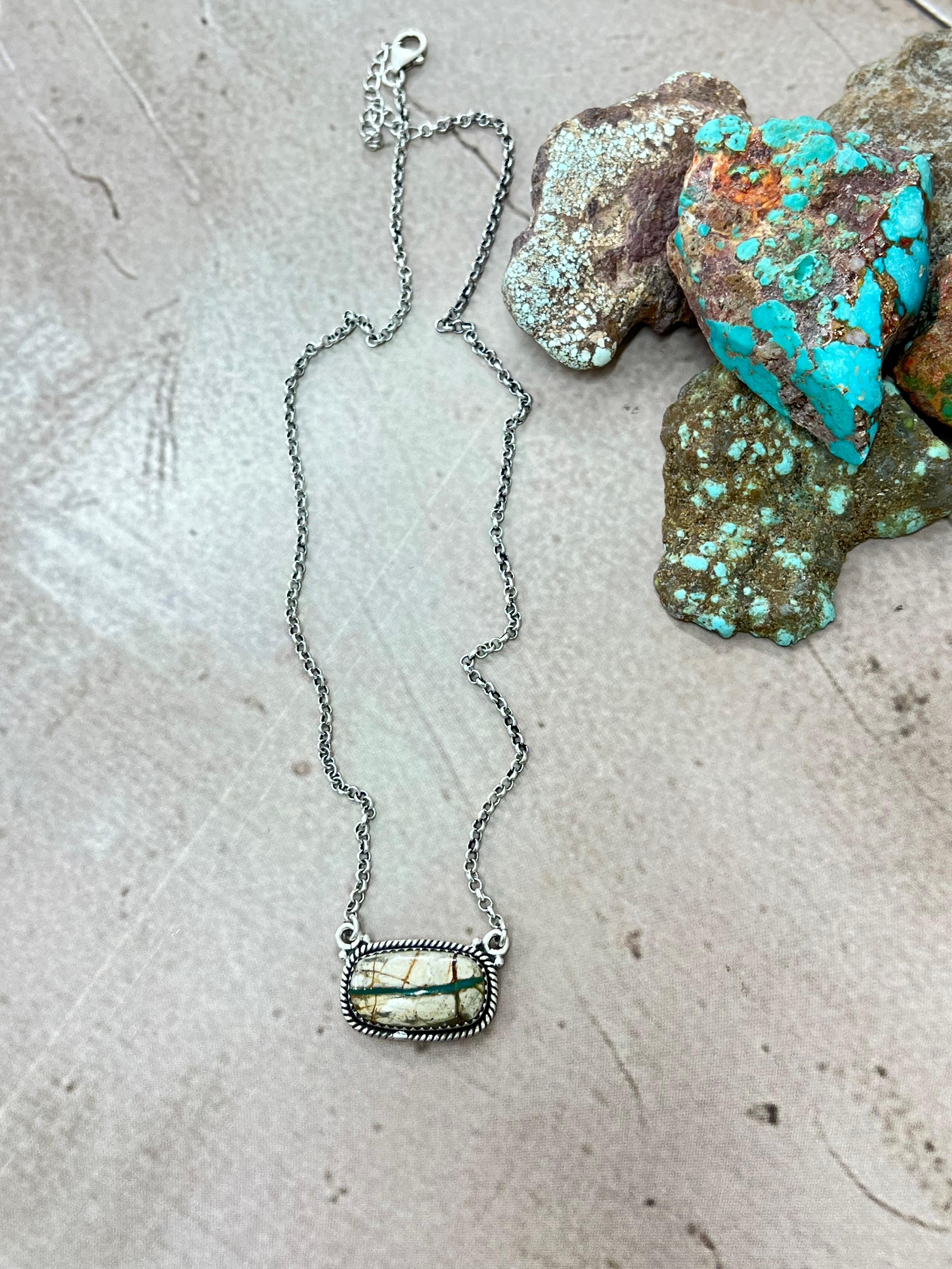 Handmade Sterling Silver Ribbon Royston Necklace with Signed Nizhoni