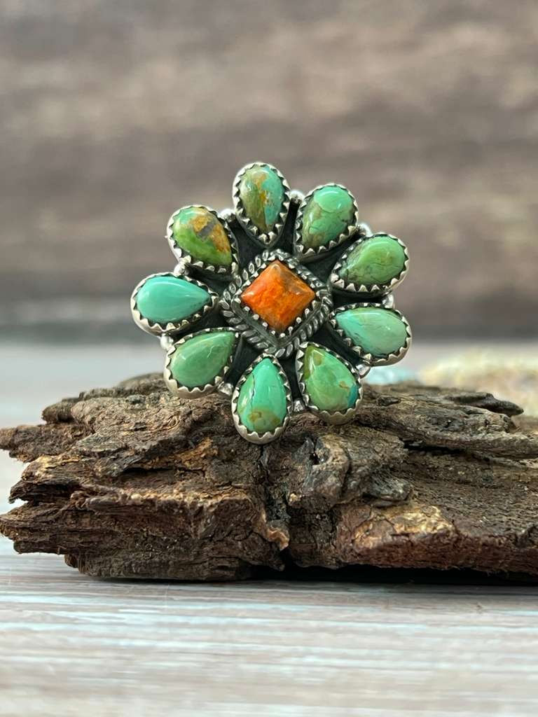 Handmade Sterling Silver Orange Mojave with Kingman Turquoise Adjustable Ring with Signed Nizhoni
