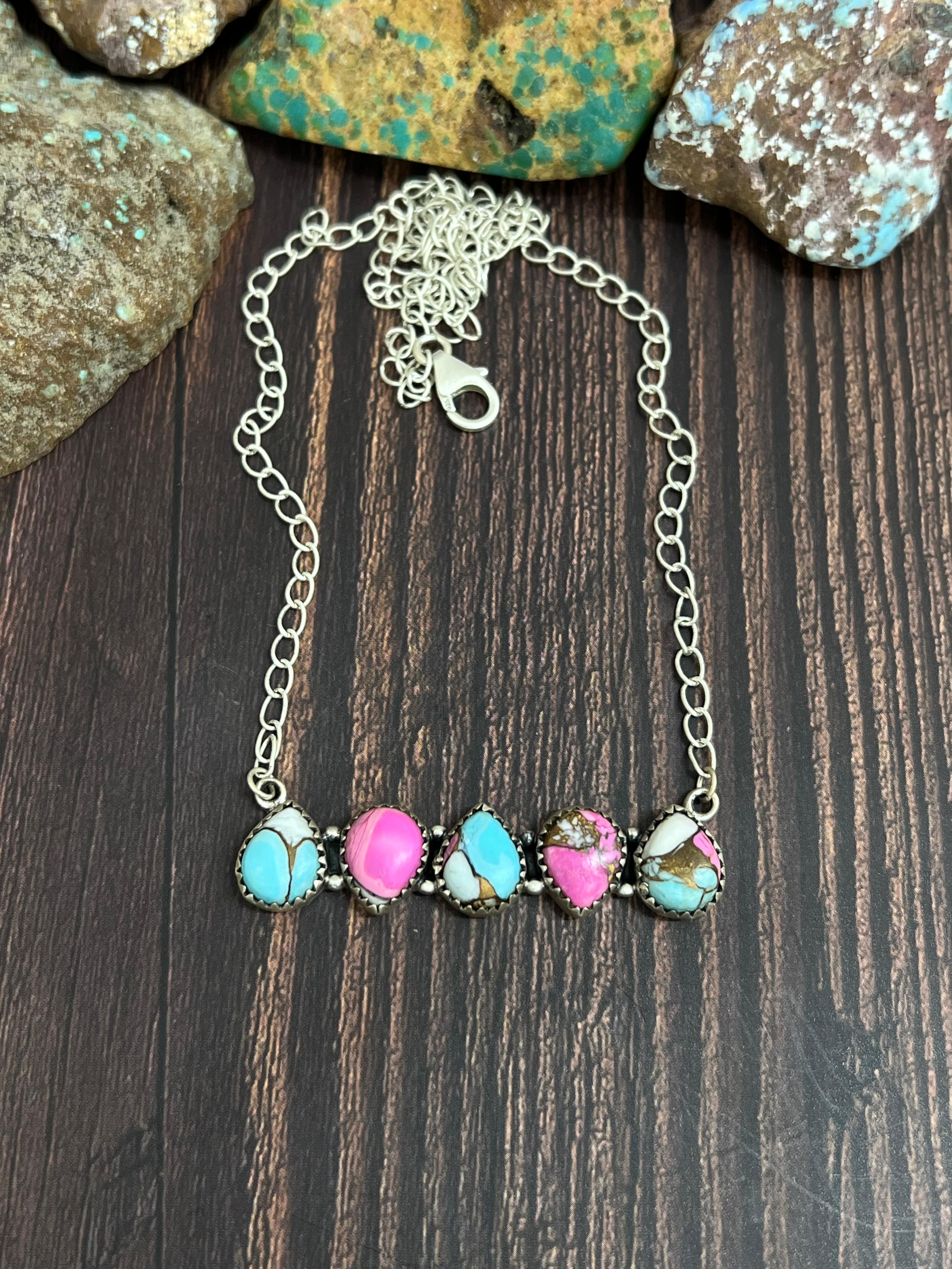 Handmade Sterling Silver Cotton Candy Turquoise Necklace with Signed Nizhoni