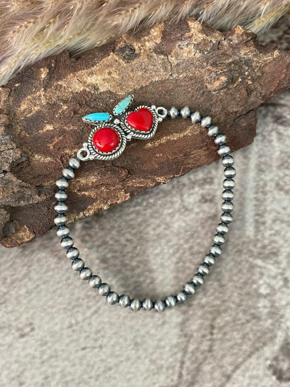 Handmade Sterling Silver Rosarita with Kingman Turquoise Cherry Stretchy Beaded Bracelet Signed Nizhoni