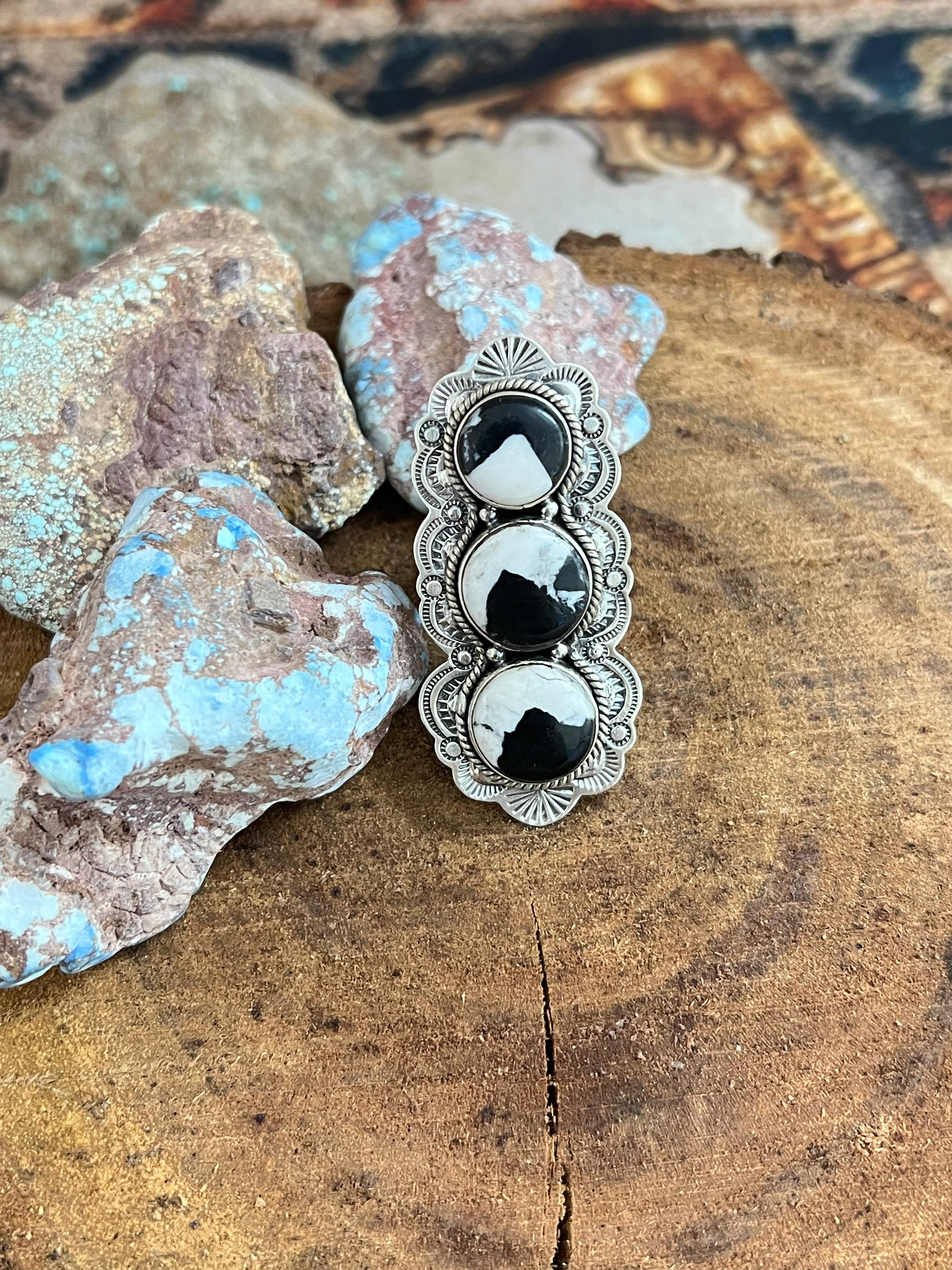 Handmade Sterling Silver White Buffalo Adjustable Ring, Signed Nizhoni