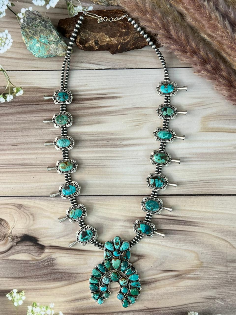Handmade Sterling Silver Spider Web Turquoise Naja Beaded Squash Blossom Necklace Signed Nizhoni