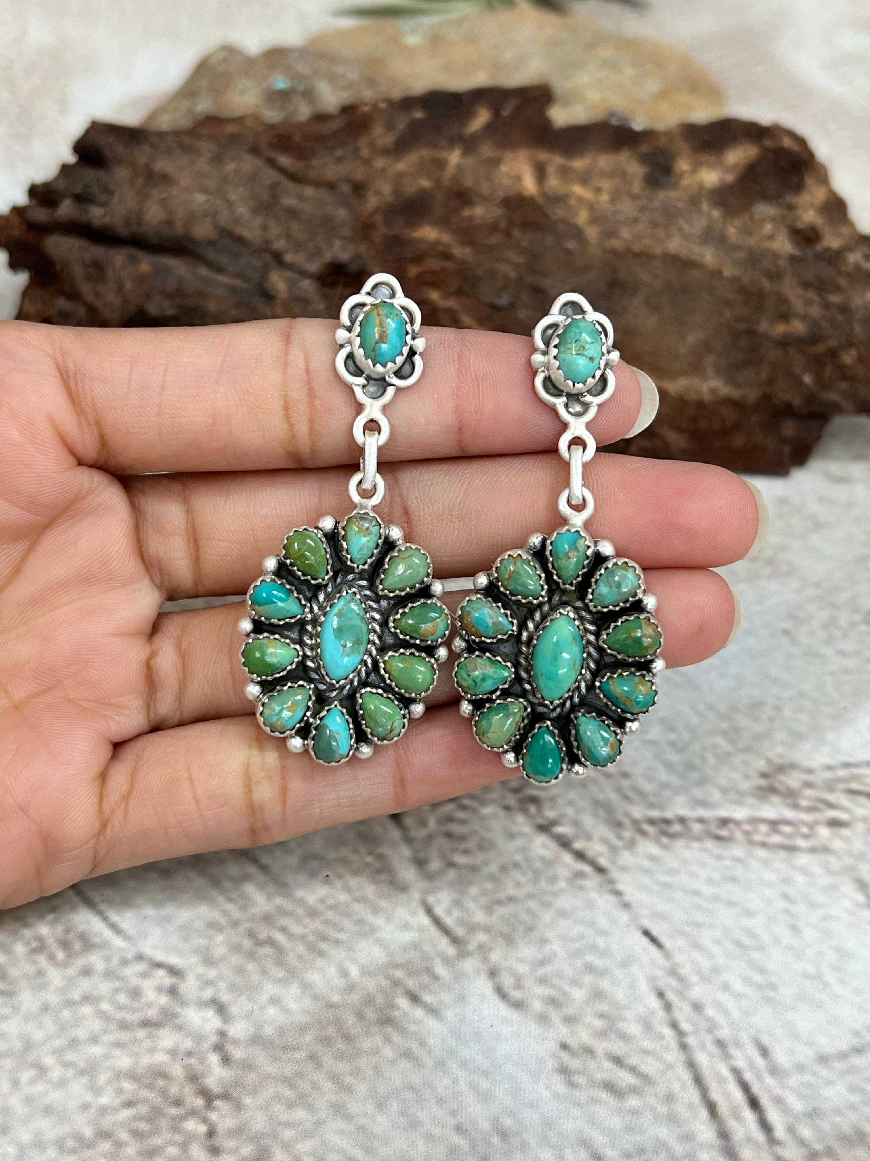 Handmade Sterling Silver Kingman Turquoise Post Dangle Earrings with Signed Nizhoni
