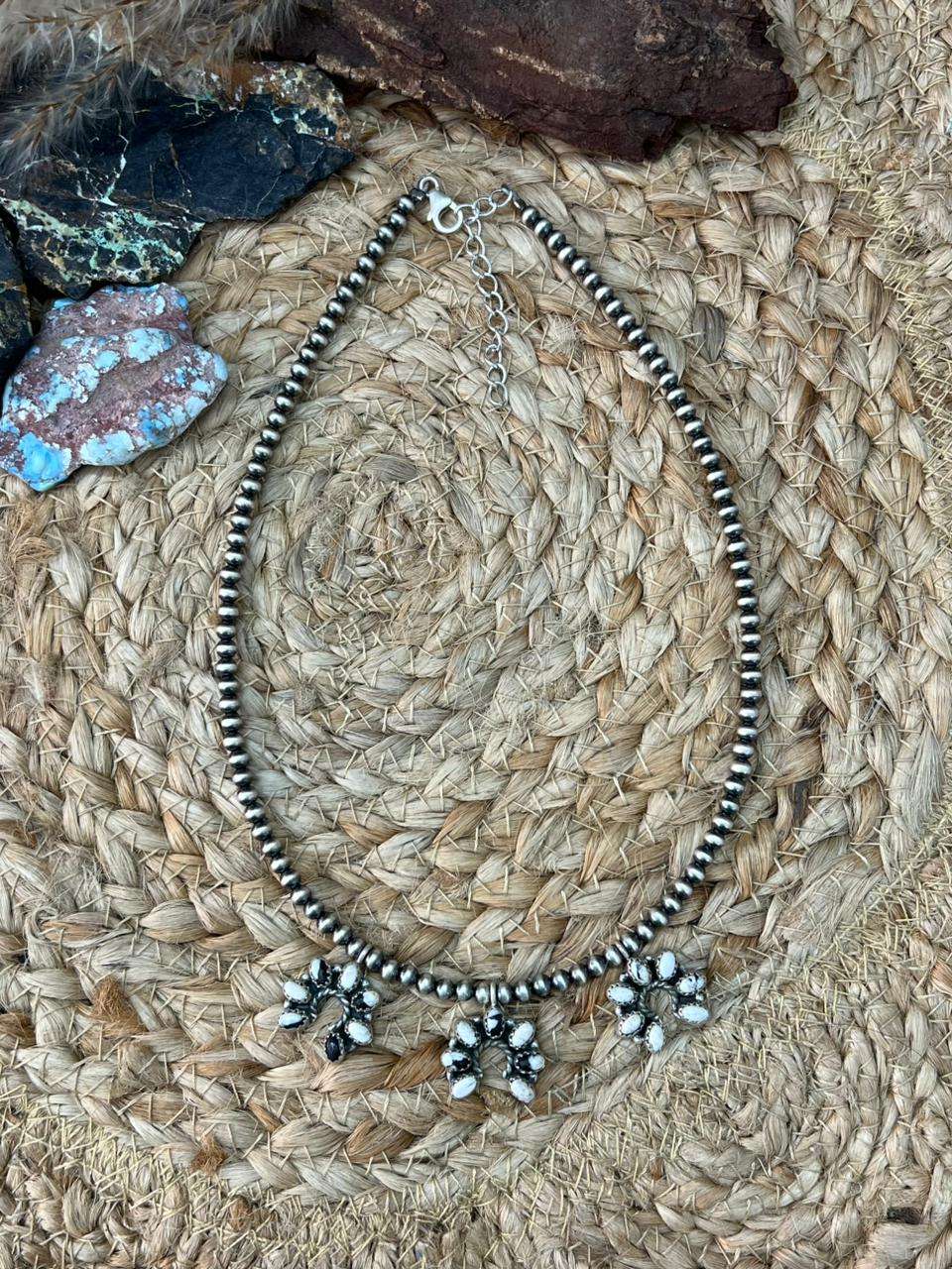 Handmade Sterling Silver White Buffalo Beaded Necklace "Signed Nizhoni"