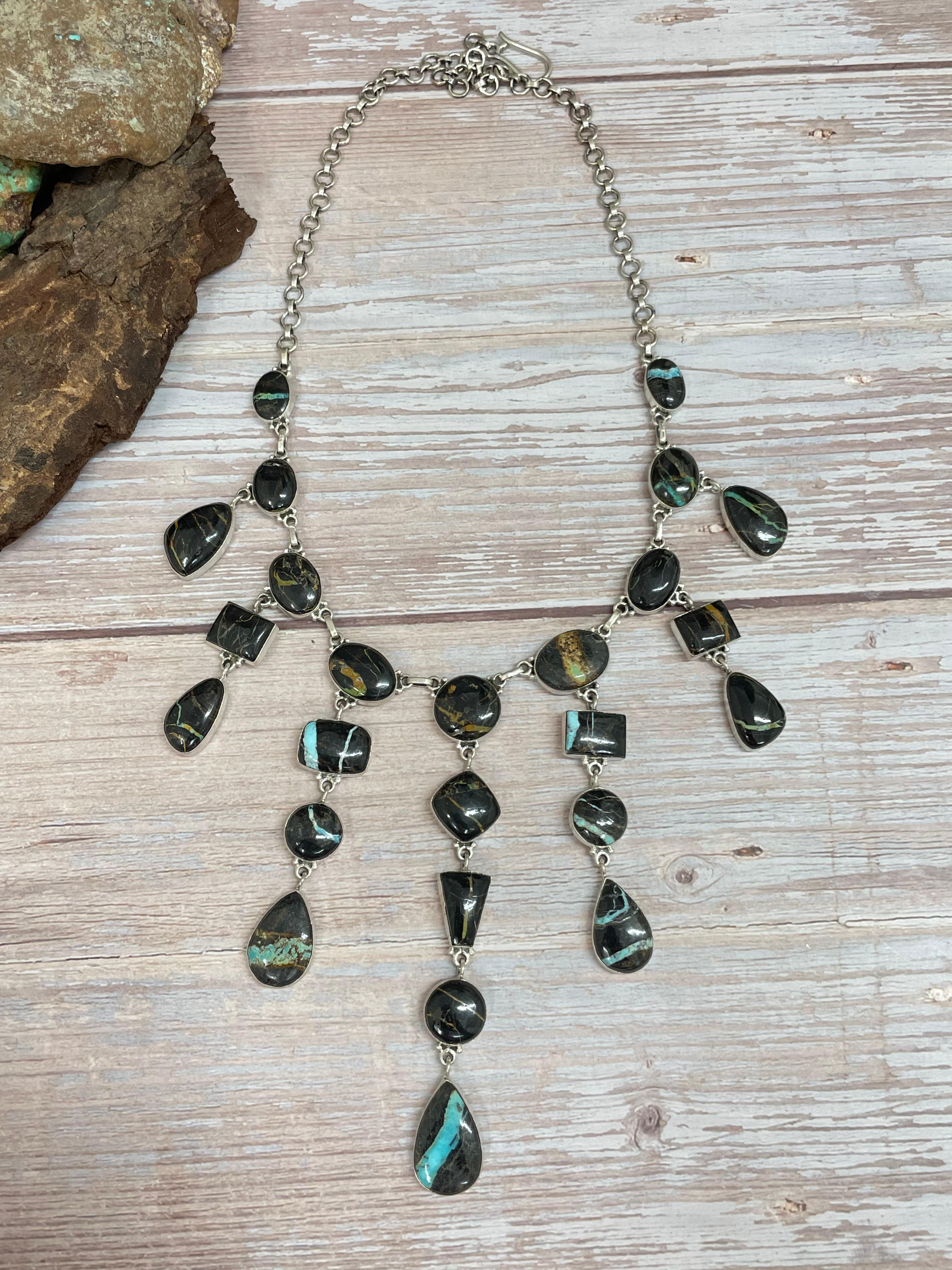 Handmade Sterling Silver Blackjack Turquoise Necklace Signed Nizhoni