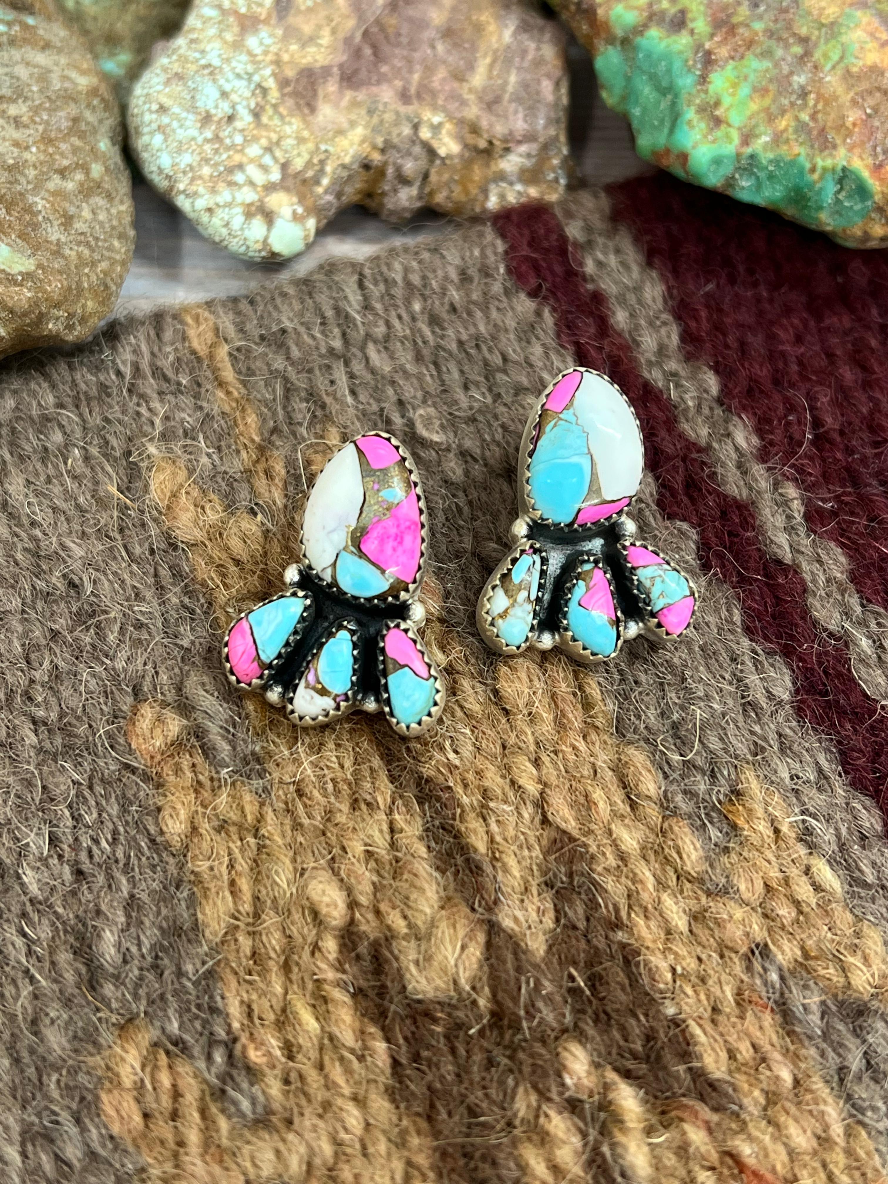 Handmade Sterling Silver Cotton Candy Turquoise Post Studs with Signed Nizhoni