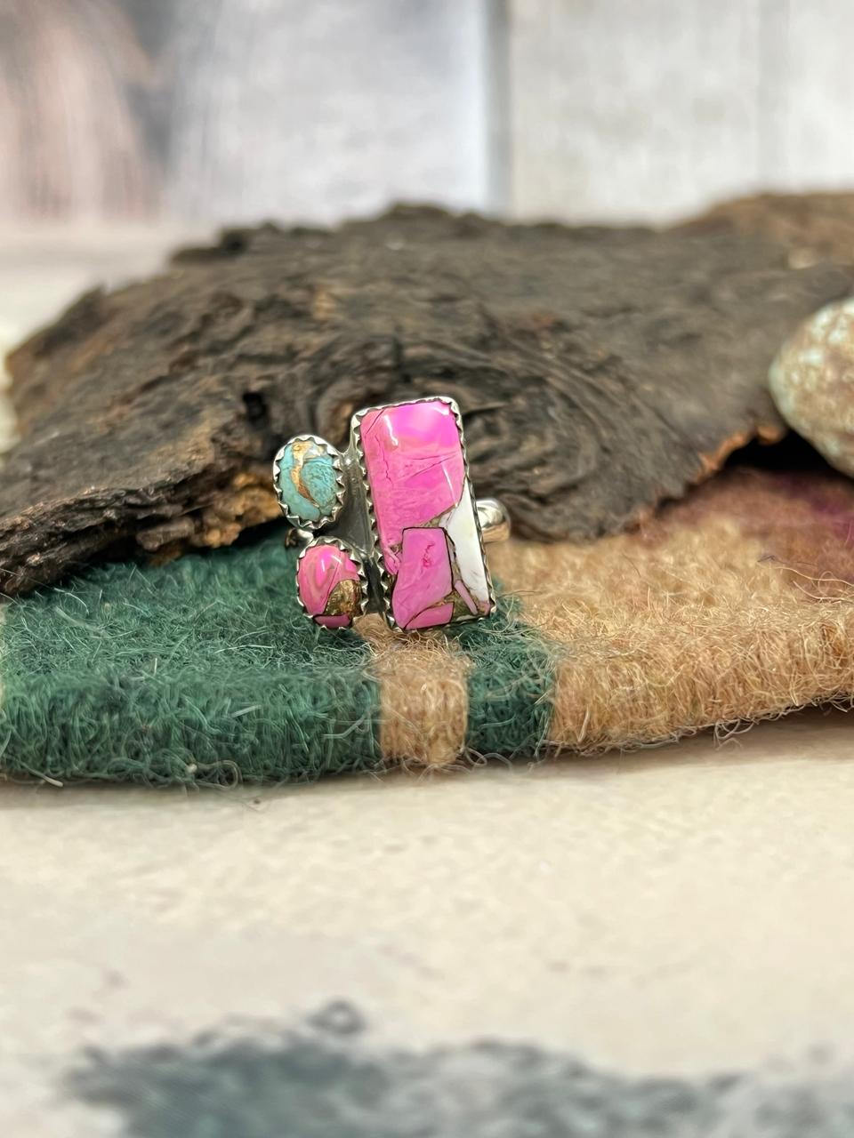 Handmade Sterling Silver Cotton Candy Turquoise Adjustable Ring with Signed Nizhoni