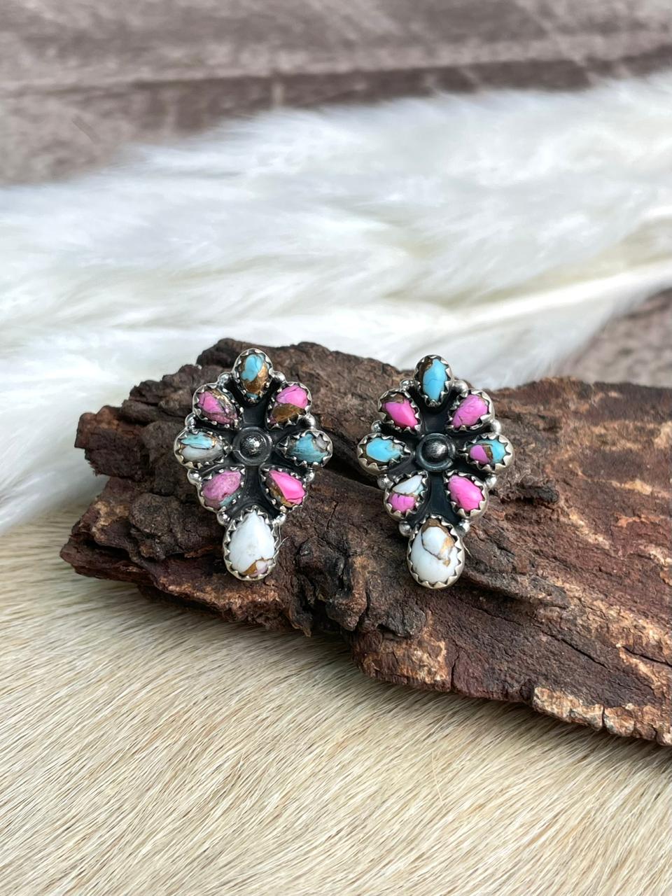 Handmade Sterling Silver Cotton Candy Post Studs Earrings "Signed Nizhoni"