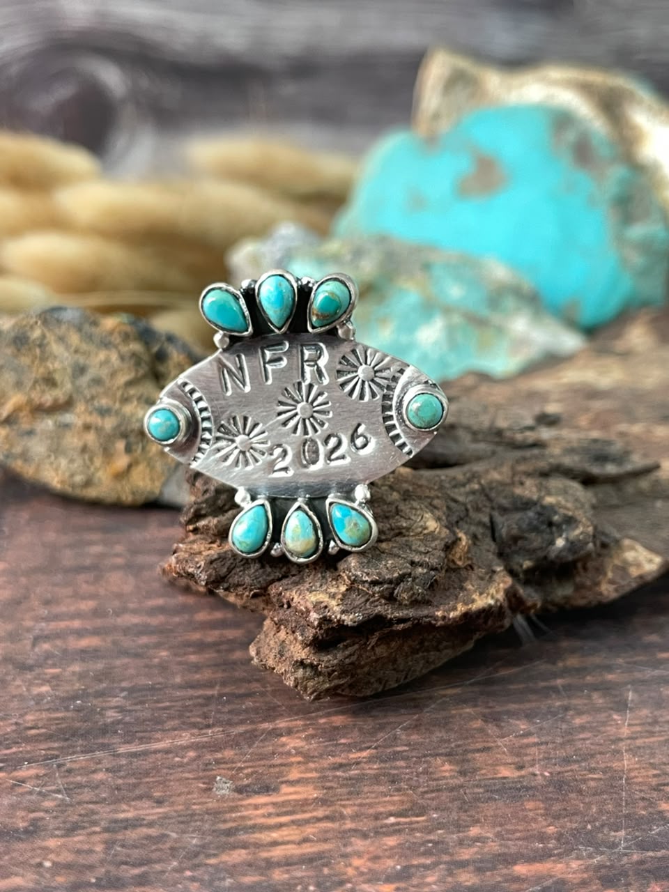 Handmade Sterling Silver Kingman Turquoise NFR Collection: Adjustable Ring Signed Nizhoni