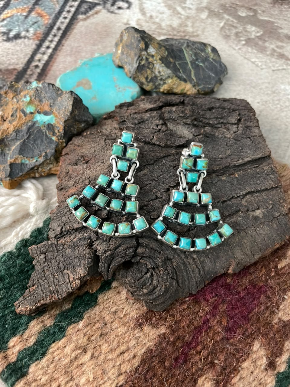 Handmade Sterling Silver Kingman Turquoise Post Dangle Earrings Signed Nizhoni