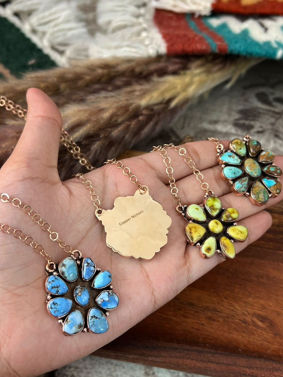 Handmade Royston, Paloma, Palomino and Golden Hills Turquoise Copper Collection: Necklace Signed Nizhoni