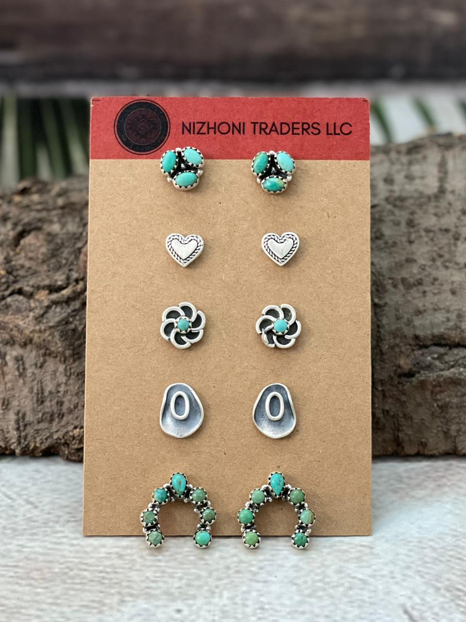 Handmade Sterling Silver Kingman Turquoise Post Studs Earrings Set