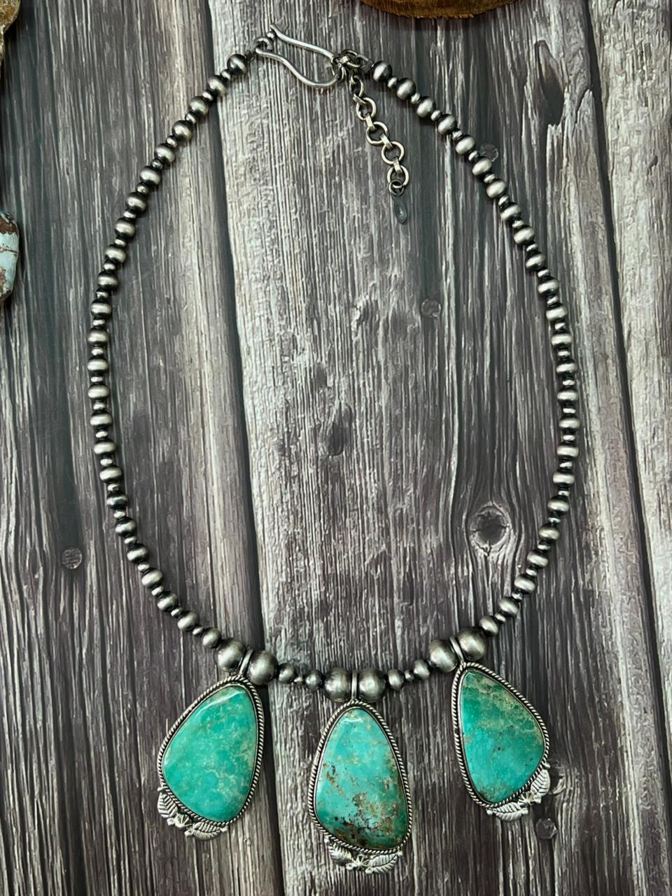 Handmade Sterling Silver Beaded Mantis Turquoise Necklace "Signed Nizhoni"