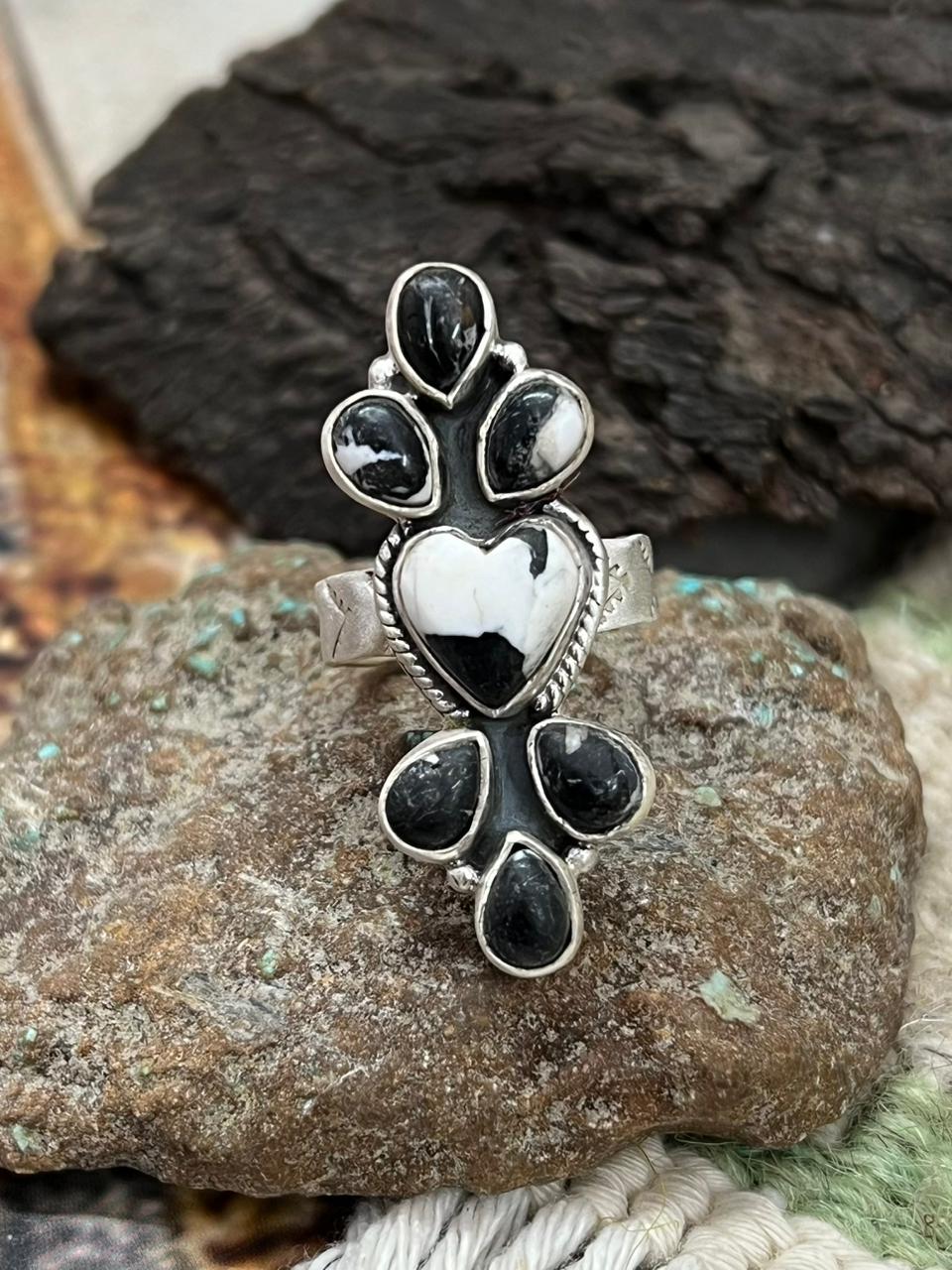 Handmade Sterling Silver White Buffalo Turquoise Adjustable Ring "Signed Nizhoni"