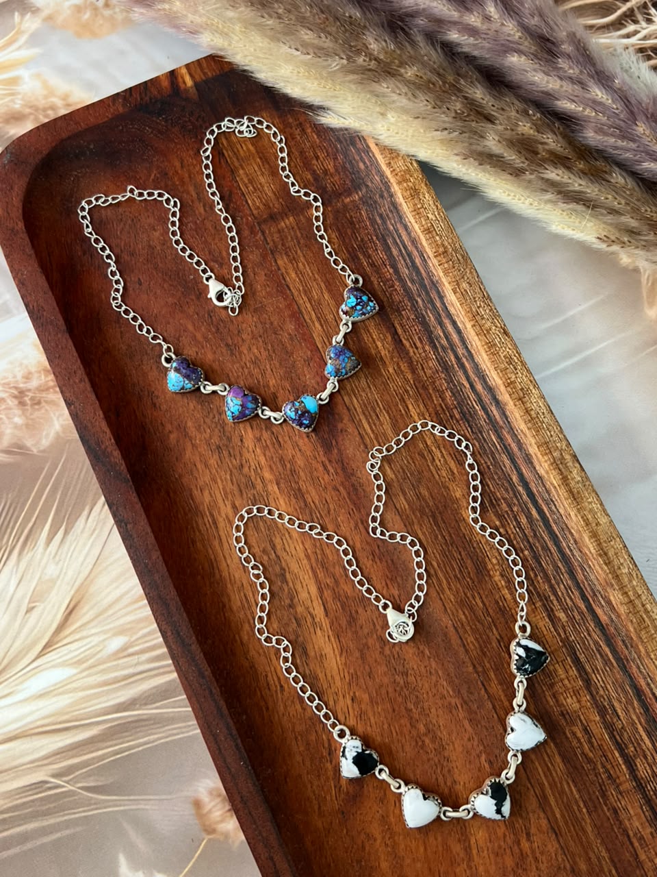 Handmade Sterling Silver Purple Dream Mojave and White Buffalo Choker Heart Necklace Signed Nizhoni