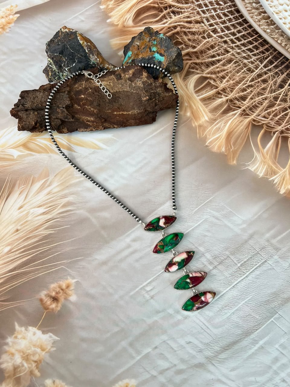Handmade Sterling Silver Christmas Dahlia Collection: Beaded Necklace Signed Nizhoni