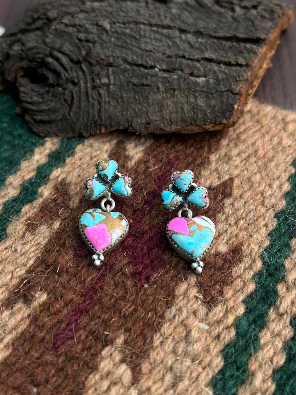"Heart Collection" Handmade Sterling Silver Cotton Candy Post Dangle Earrings "Signed Nizhoni"
