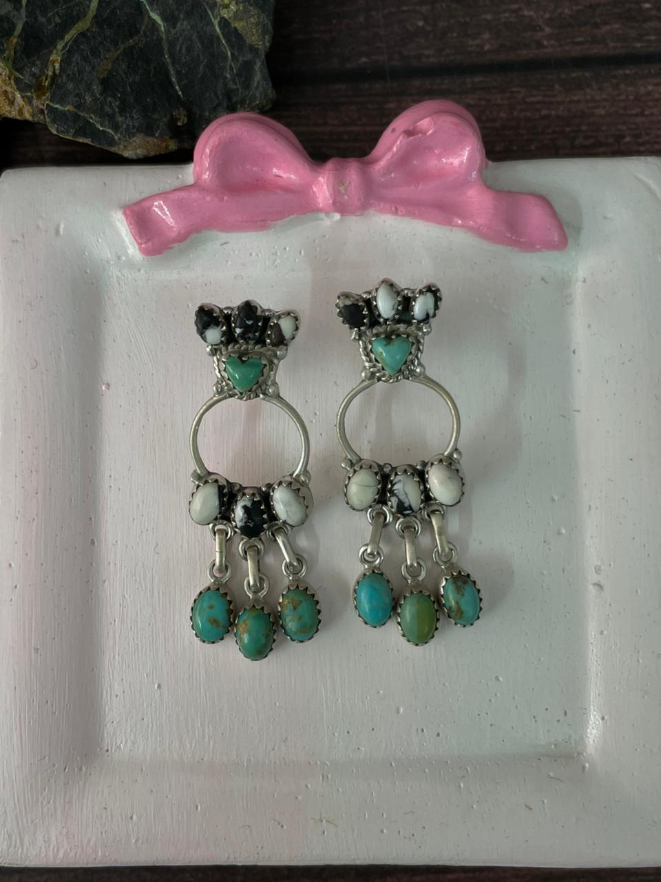 Handmade Sterling Silver White Buffalo with Kingman Post Dangle Earrings "Signed Nizhoni"