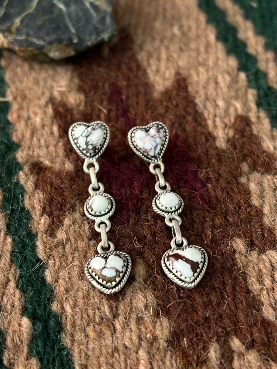 Handmade Sterling Silver Wildhorse Magnesite Post Heart Dangle Earrings Signed Nizhoni