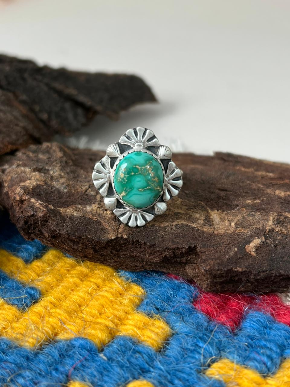 Handmade Sterling Silver Emerald Valley Turquoise Adjustable Ring "Signed Nizhoni"