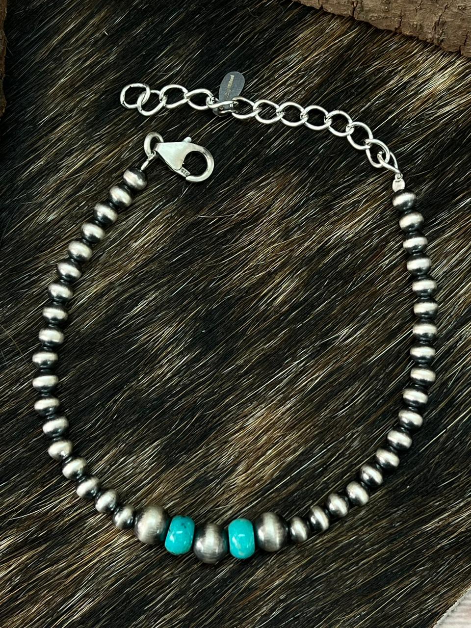 Handmade Sterling Silver Beaded Kingman Turquoise Chain Bracelet