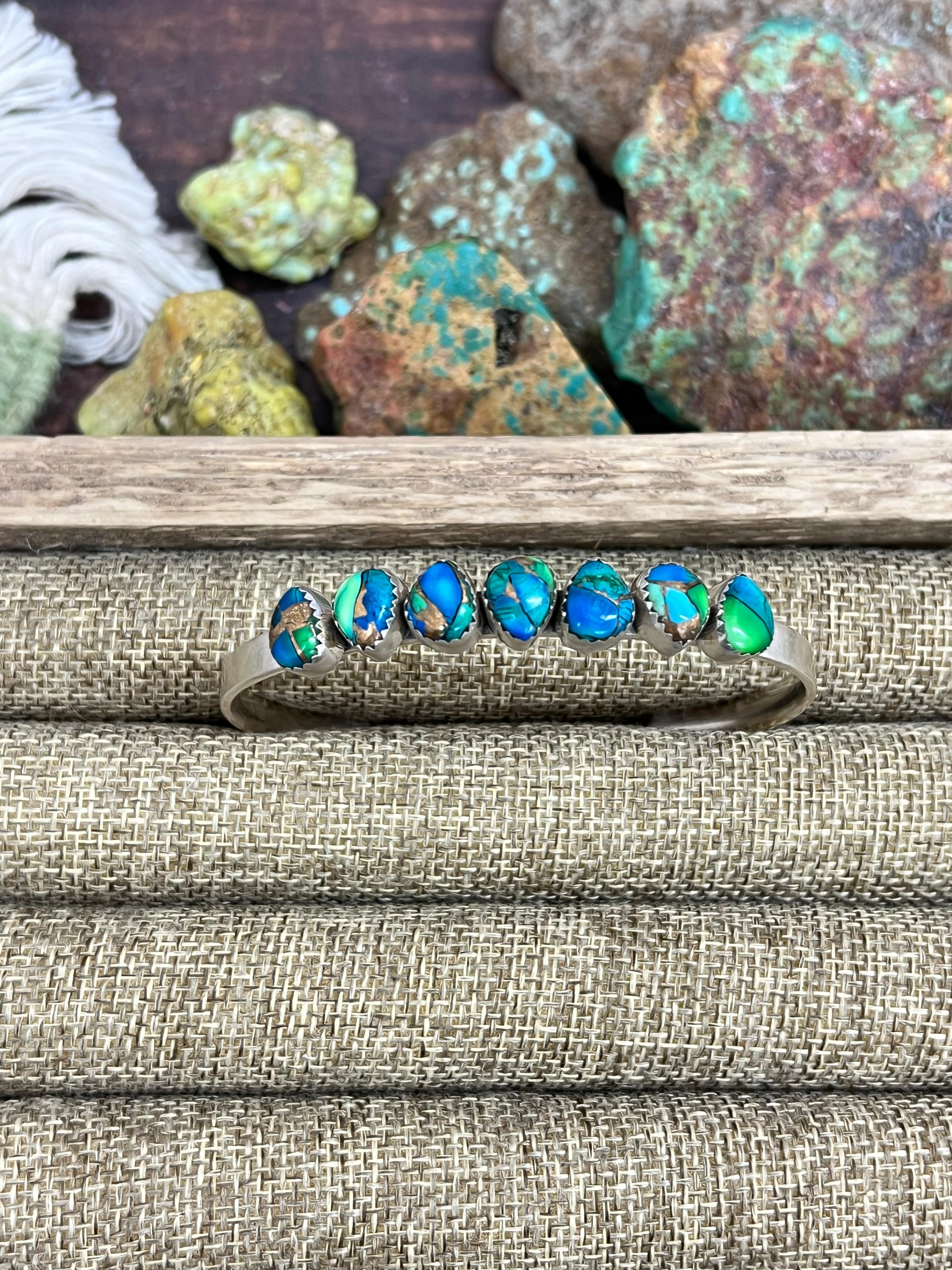 Handmade Sterling Silver Peacock Dahlia Cuff Bracelet with Signed Nizhoni