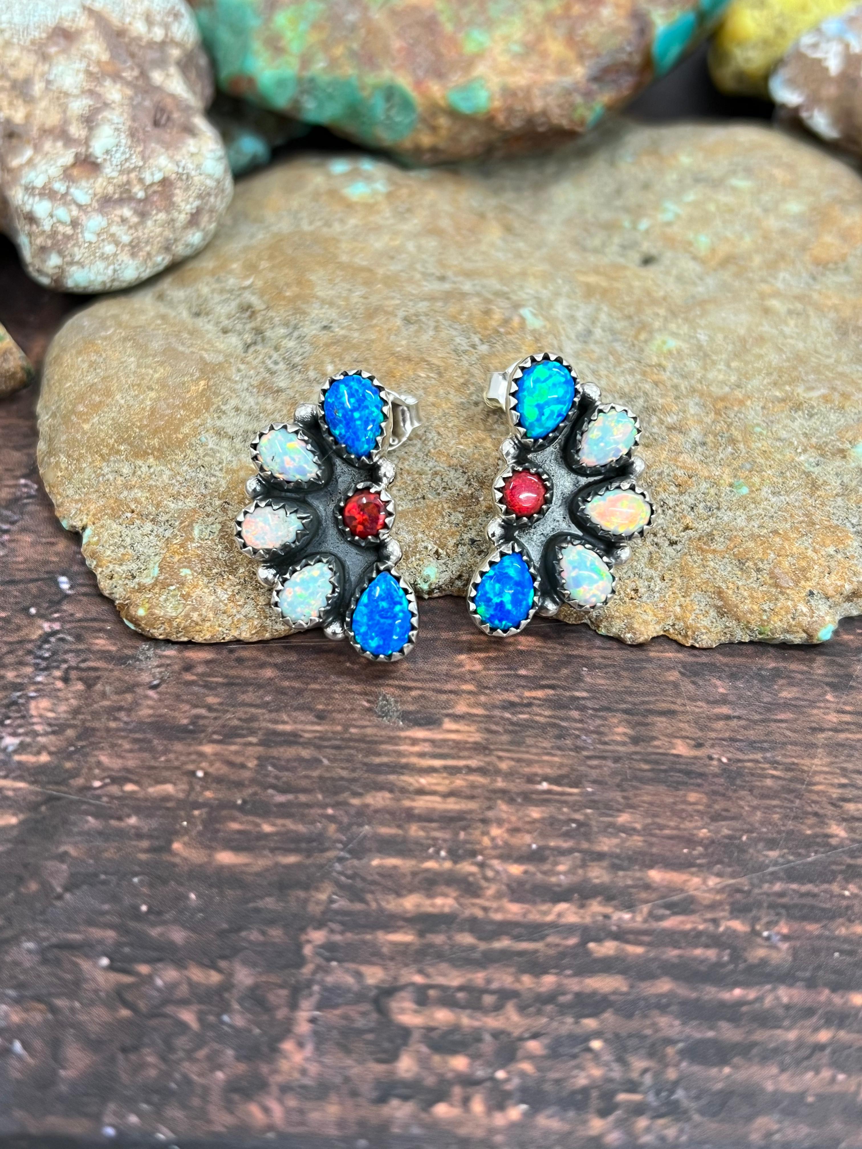 ** 4TH OF JULY ** Handmade Sterling Silver Synthetic Opal Post Earrings with Signed Nizhoni