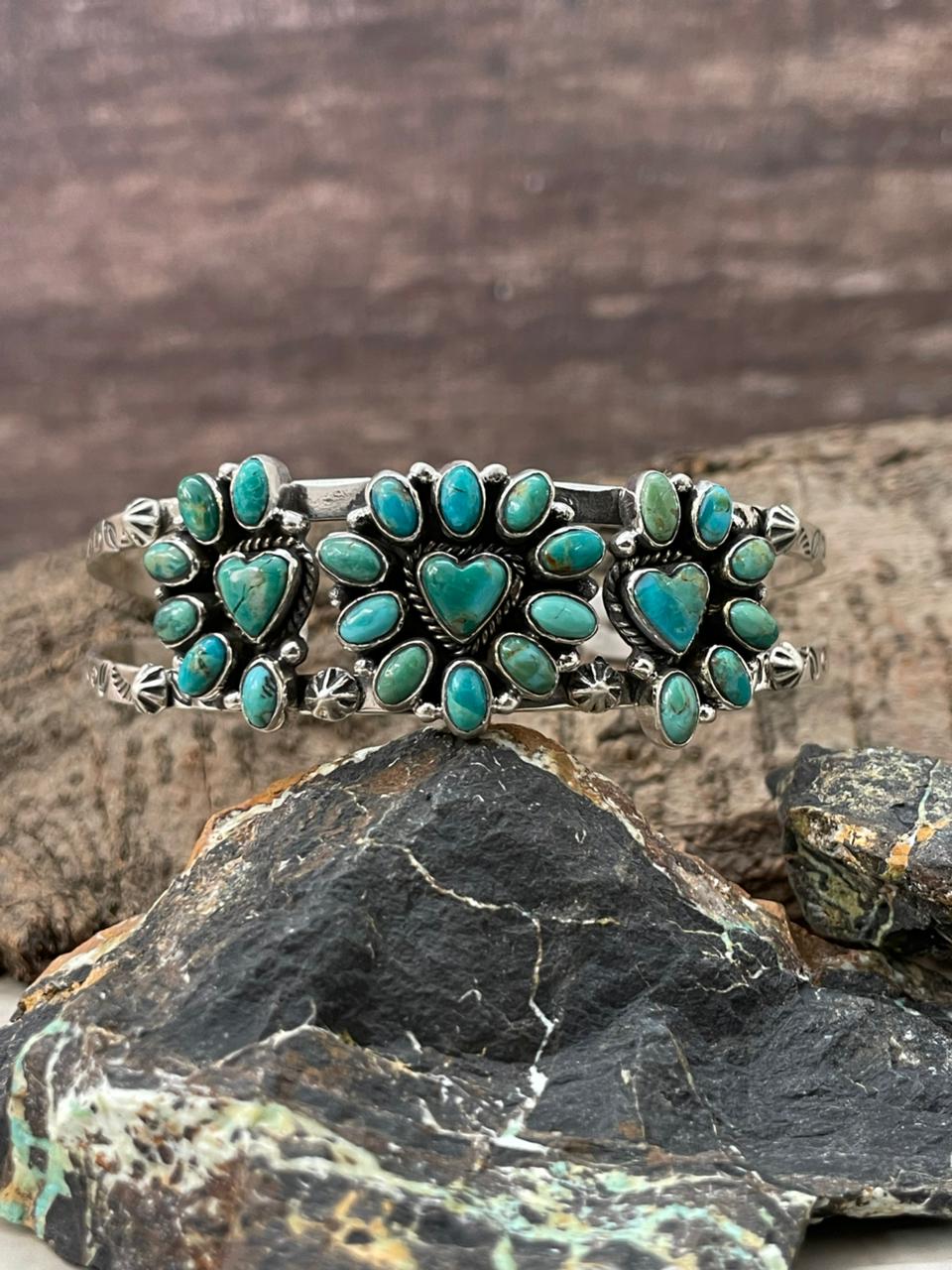 "Heart Collection" Handmade Sterling Silver Kingman Turquoise Bracelet "Signed Nizhoni"