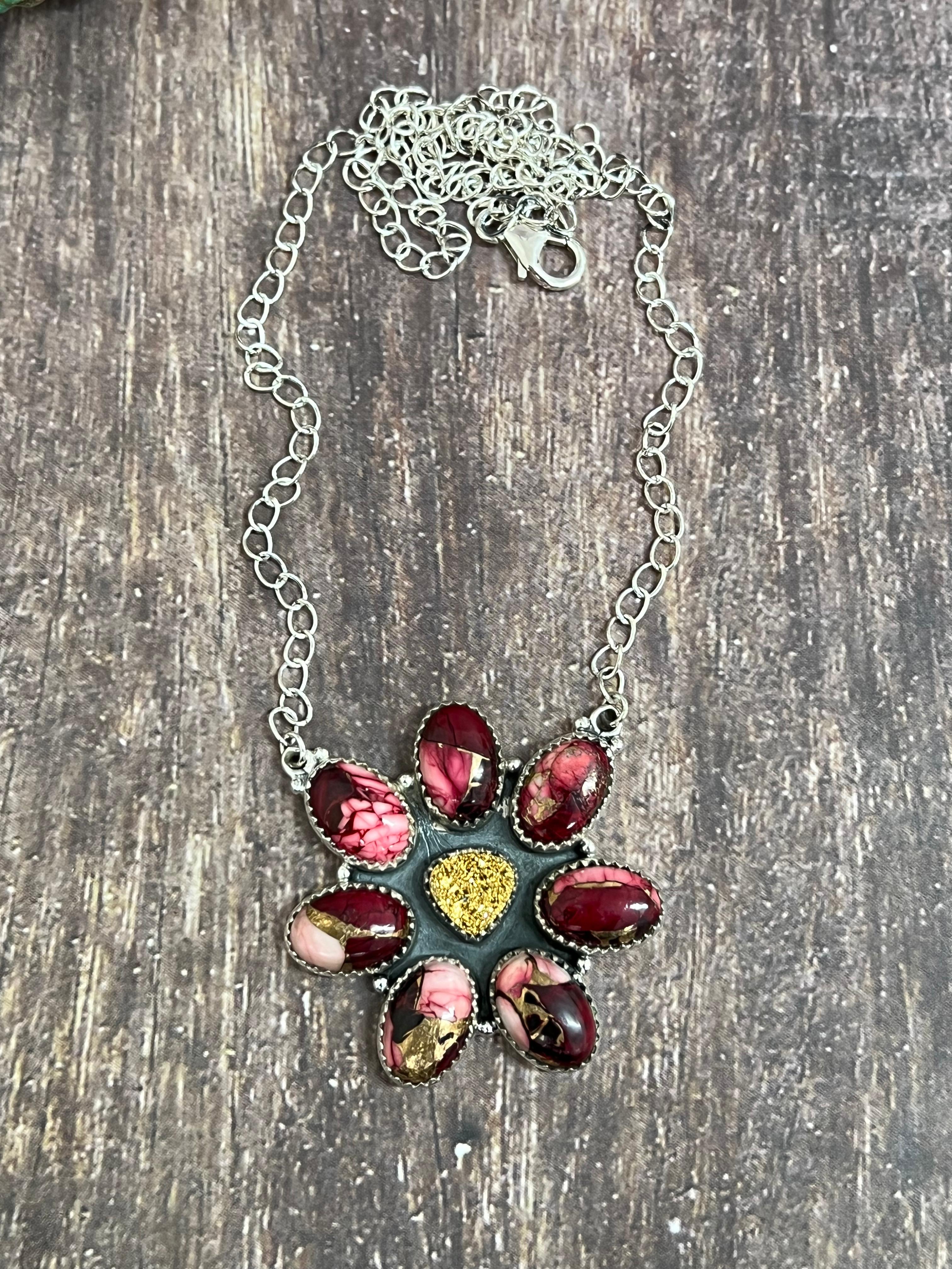 Handmade Sterling Silver Dahlia Rose with Druzy Necklace with Signed Nizhoni