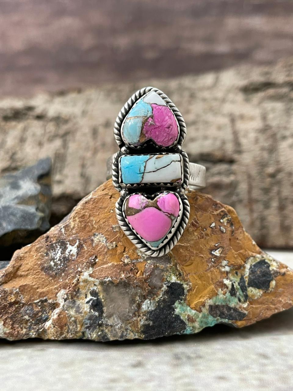 "Heart Collection" Handmade Sterling Silver Cotton Candy Adjustable Ring "Signed Nizhoni"