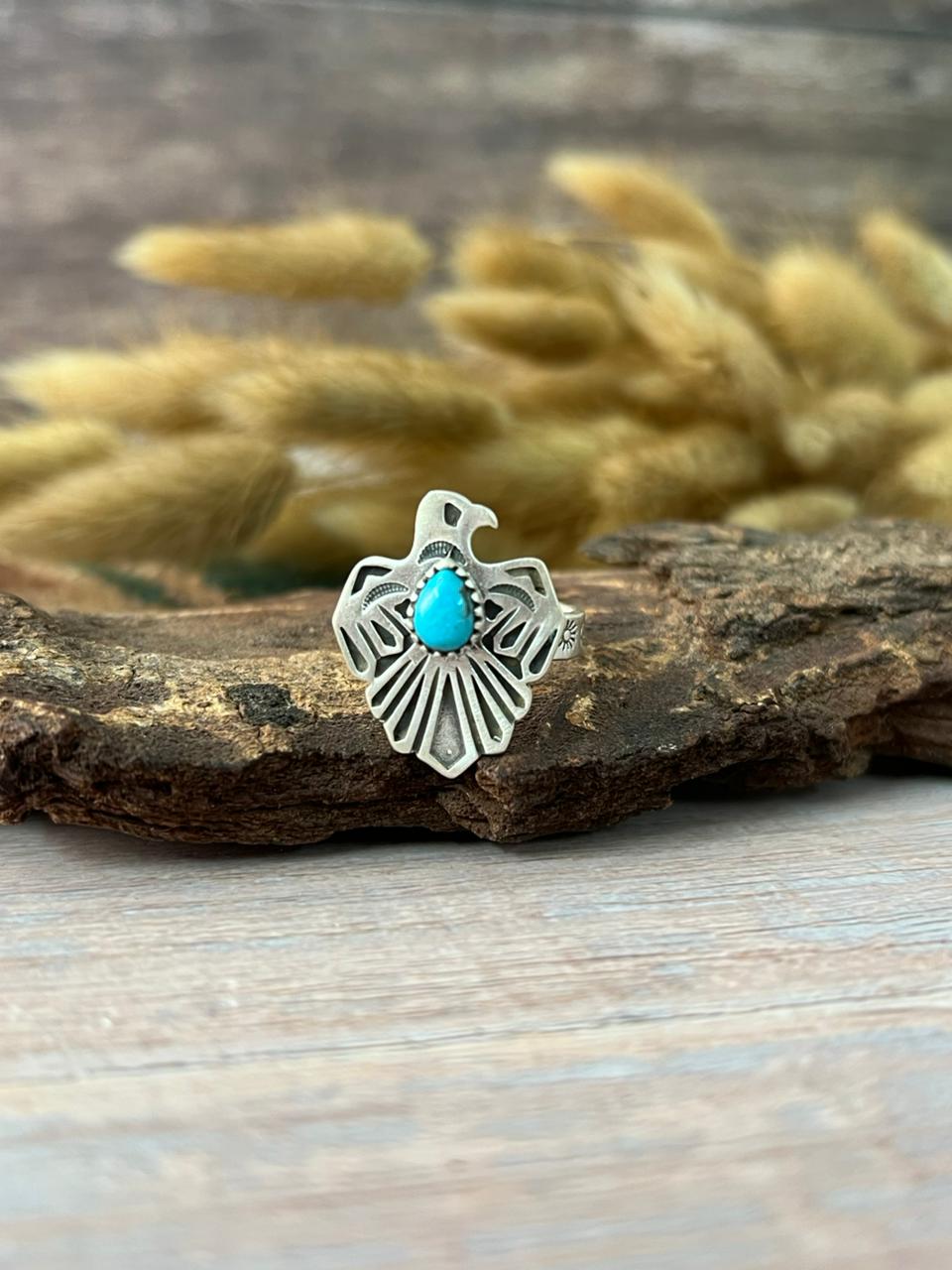 Handmade Sterling Silver Kingman Turquoise Thunder Bird Adjustable Ring "Signed Nizhoni"