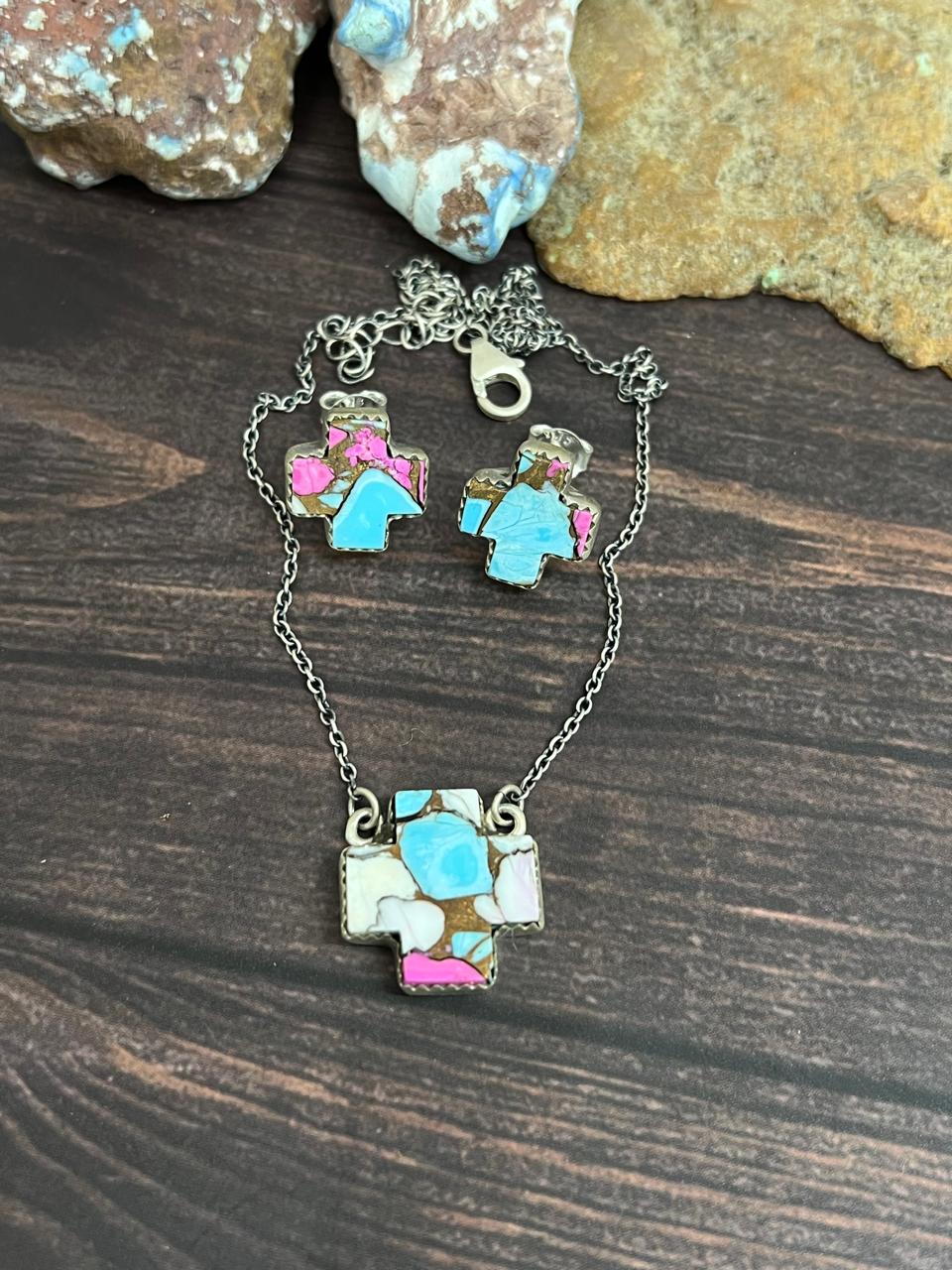 Handmade Sterling Silver Cotton Candy Turquoise Cross Necklace Earrings Set, Signed Nizhoni