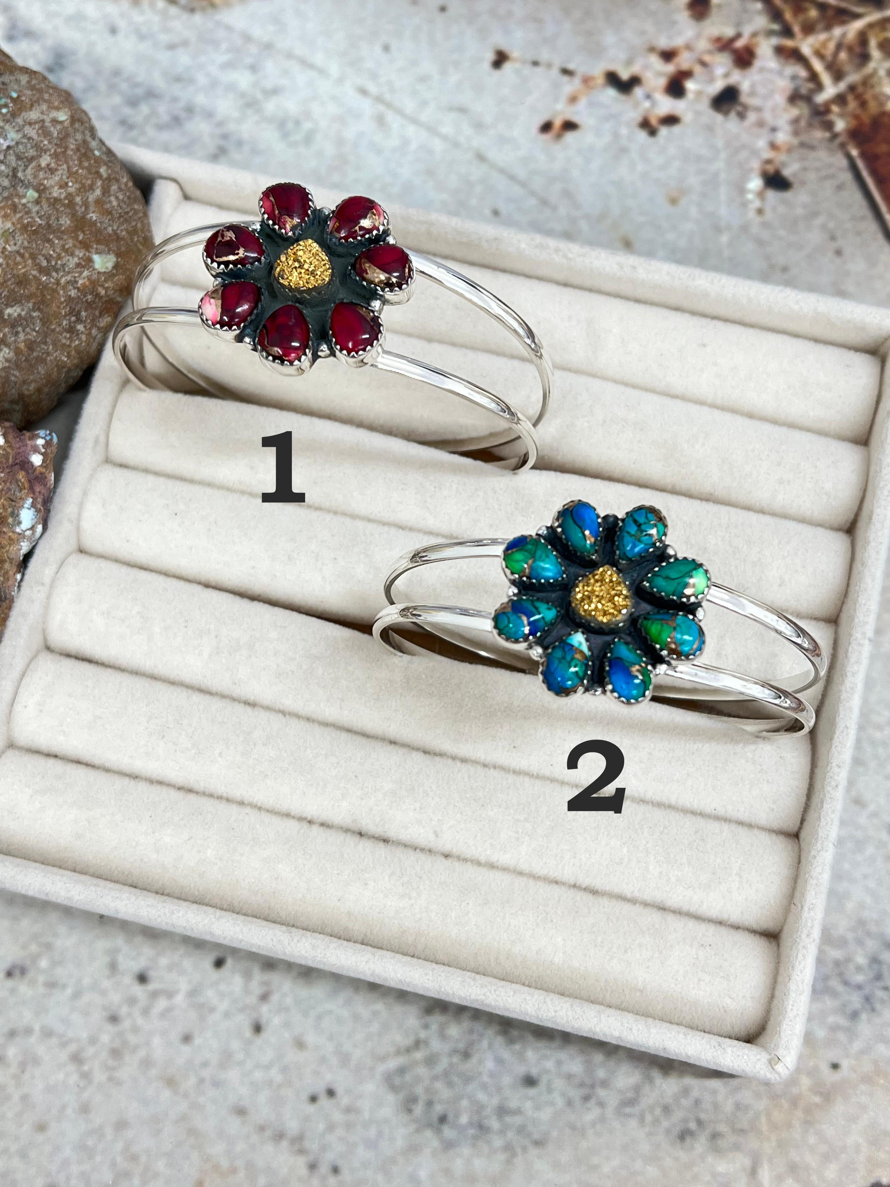 Handmade Sterling Silver Peacock Dahlia with Druzy, Dahlia Rose with Druzy Cuff Bracelet, Signed Nizhoni
