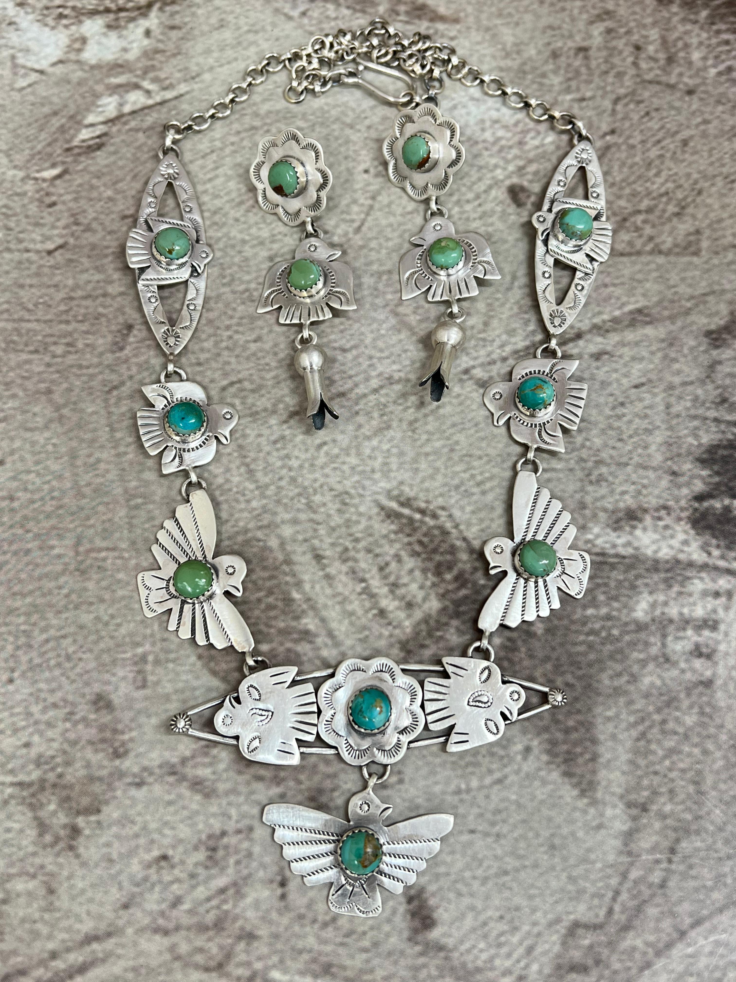 Handmade Sterling Silver Kingman Turquoise Necklace Earrings Set with Signed Nizhoni (1)