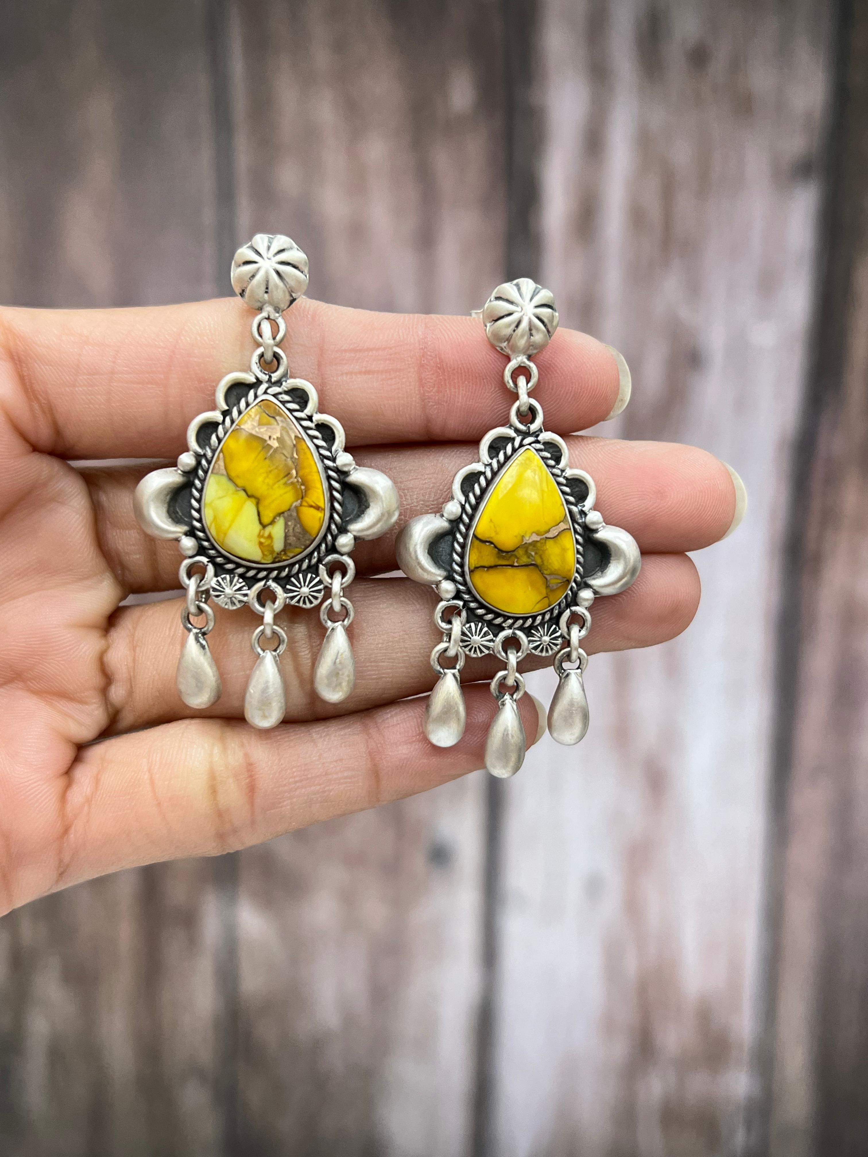 Handmade Sterling Silver White Buffalo Turquoise, Honey Dahlia Dangle Earrings with Signed Nizhoni (3)