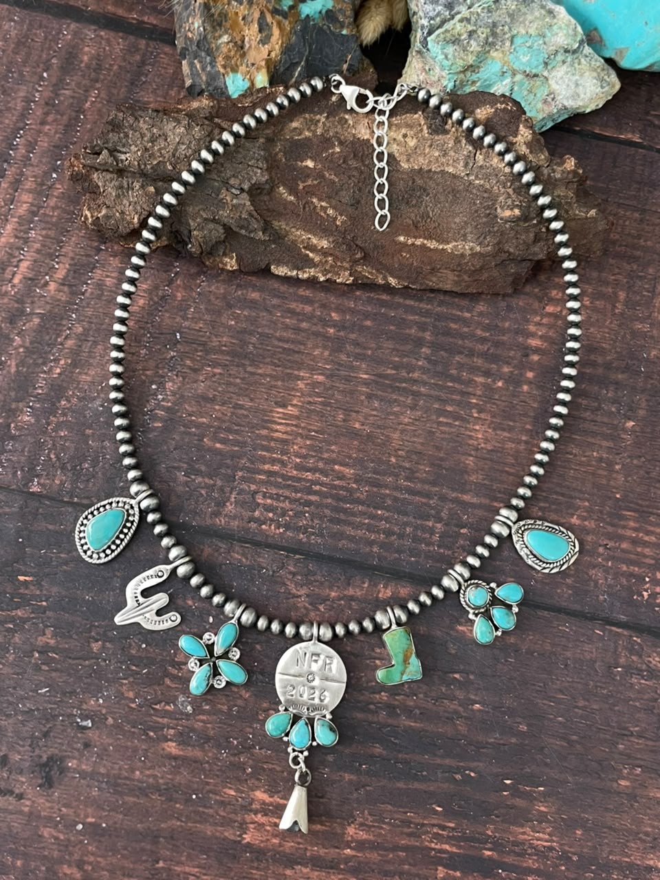 Handmade Sterling Silver Kingman Turquoise NFR Collection: Beaded Necklace Signed Nizhoni