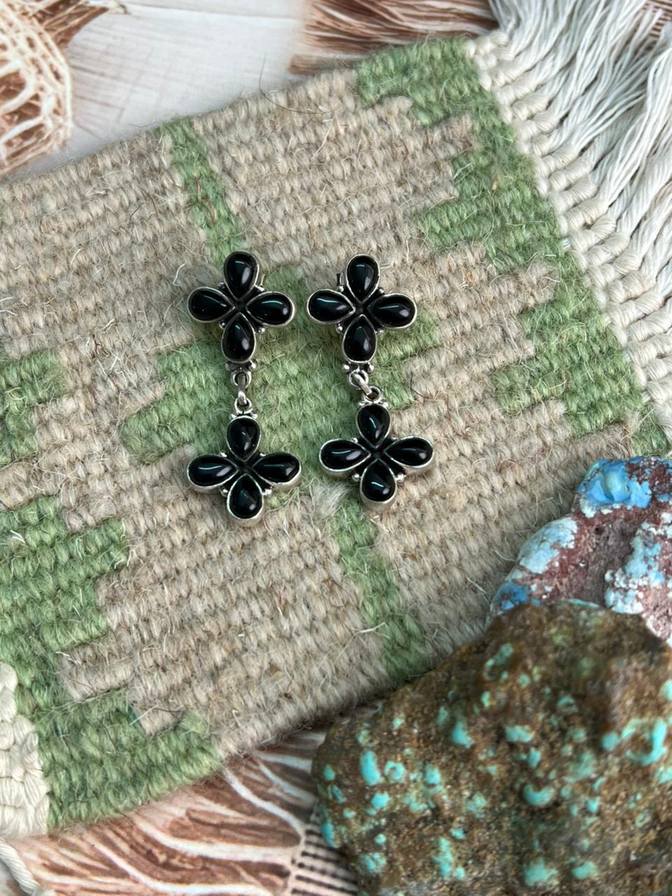 Handmade Sterling Silver Black Onyx Post Dangle Earrings "Signed Nizhoni"