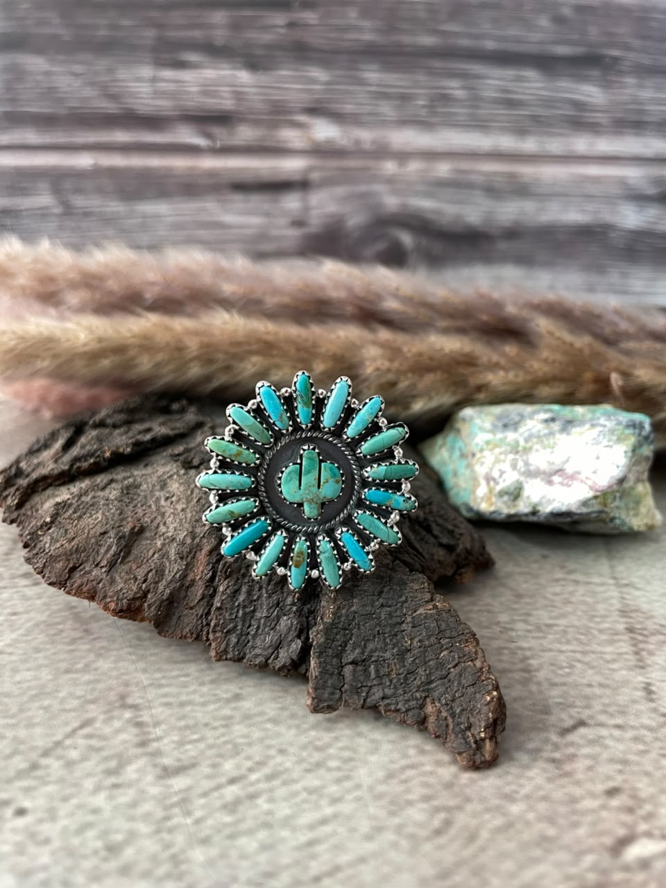 Handmade Sterling Silver Kingman Turquoise Cactus Adjustable Ring Signed Nizhoni